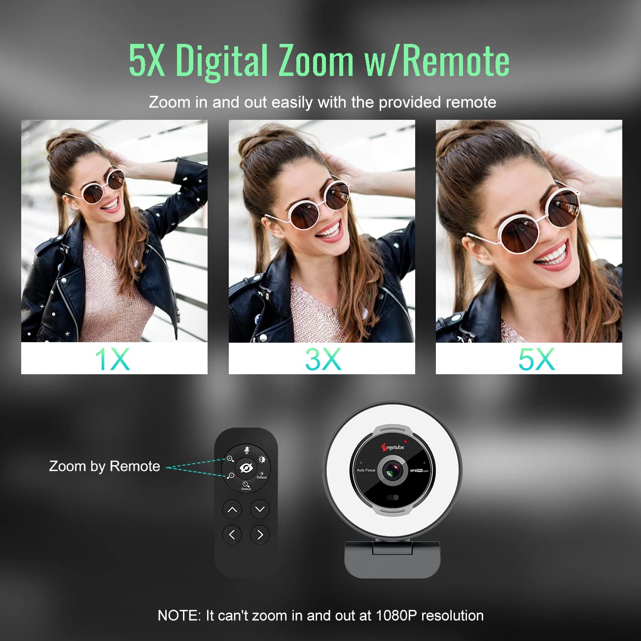Angetube 60FPS 1080P Webcam mit Ringlicht - PC Kamera mit 5X Digitalzoom und Fernbedienung,Eingebaute Dual-Noise-Cancelling-Mikrofone und Sichtschutzabdeckung,Für PC|Computer|Laptop|Mac|Desktop