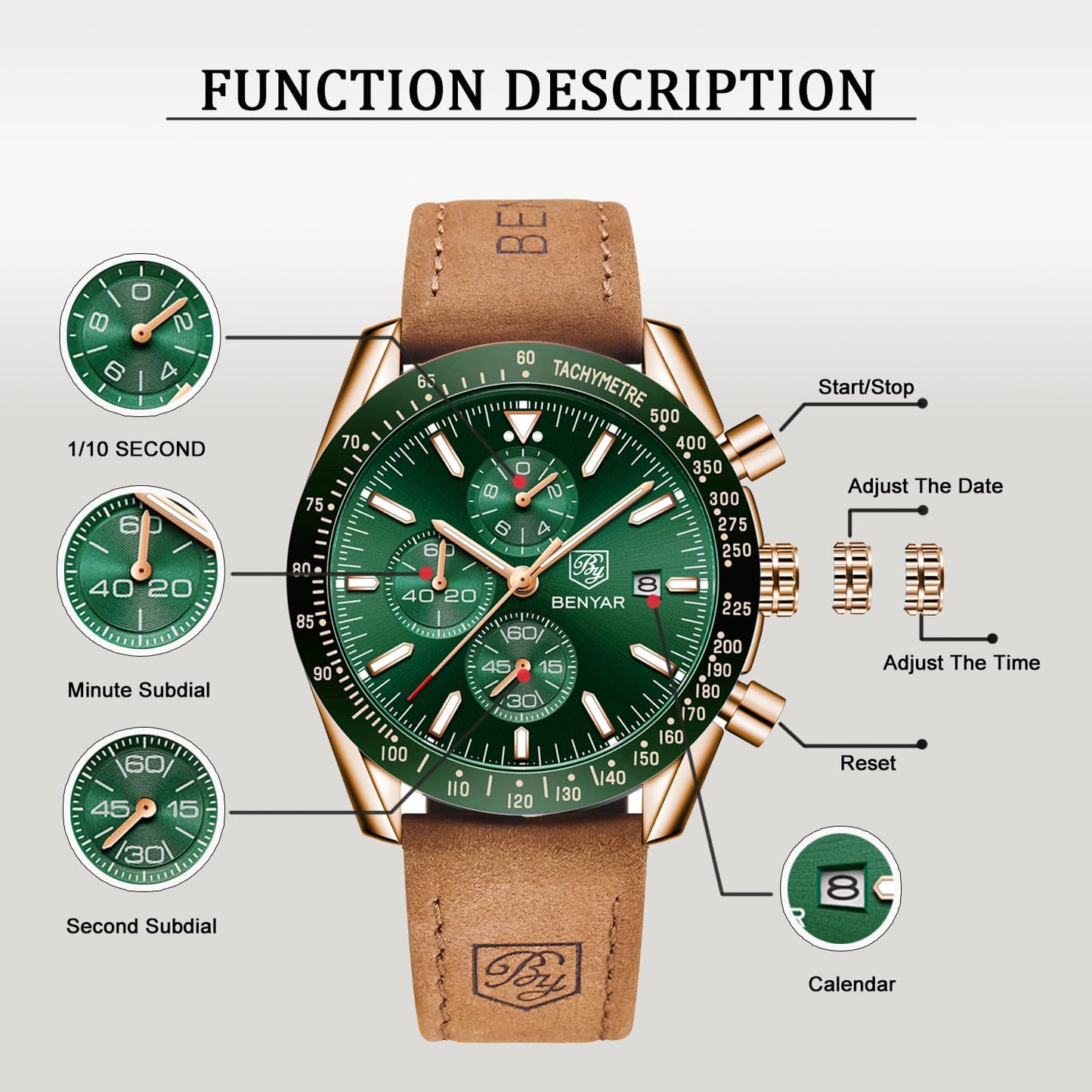BY BENYAR Herren Business Analoger Chronograph Quarzuhr 30M Wasserdicht Leuchtende Datumsanzeige Modische Freizeituhr Sport Multifunktions Lederuhr.（Gold Grün）