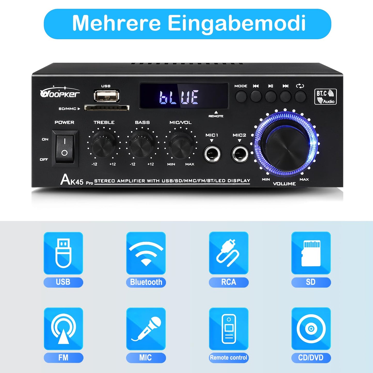 AK45 Pro HiFi-Verstärker WOOPKER Mini Verstärker, 500W,2 Kanäle Bluetooth Verstärker HiFi Stereo w/UKW-Radio, USB,SD,RCA,MIC In,Audio Verstärker Receiver für Zuhause oder Auto