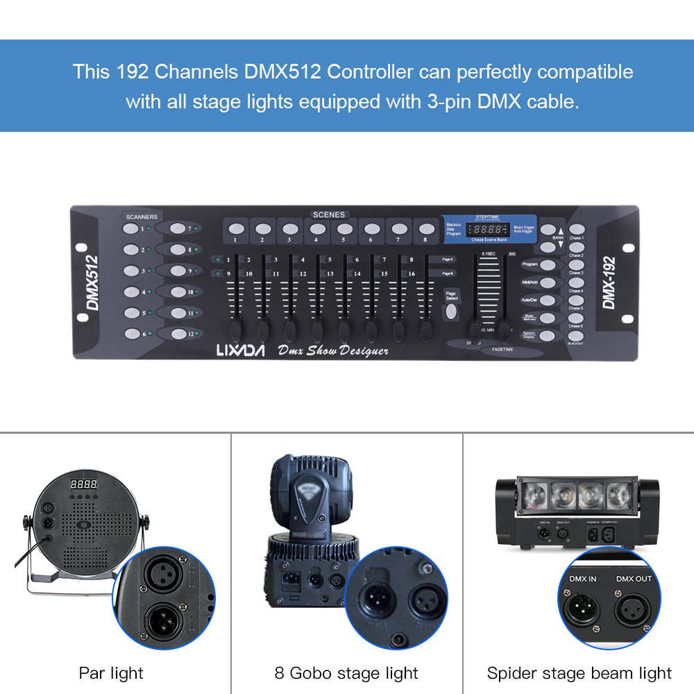 Lixada DMX-Controller, Lixada DMX 512-Konsole, Bedienfeld 192 Kanäle für Bühnenlampe, Moving Head, DJ, Club, Party