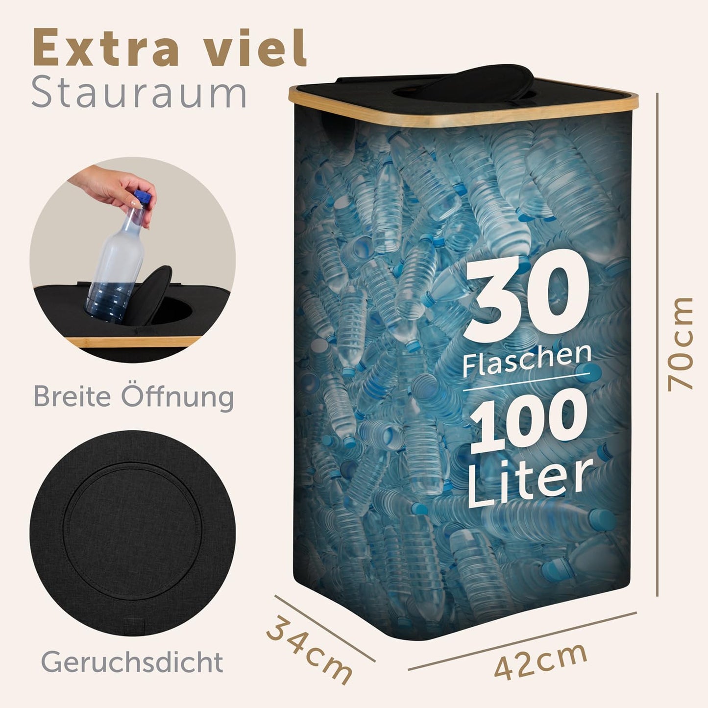 Blumtal Pflandflaschen Sammelbehälter 100L - Bambus Pfandflaschen Organizer mit Pfandflaschen Tasche - Pfandflaschen Behälter - Leergut Sammelbehälter mit Loch- Pfandflaschen Sammelbehälter Schwarz