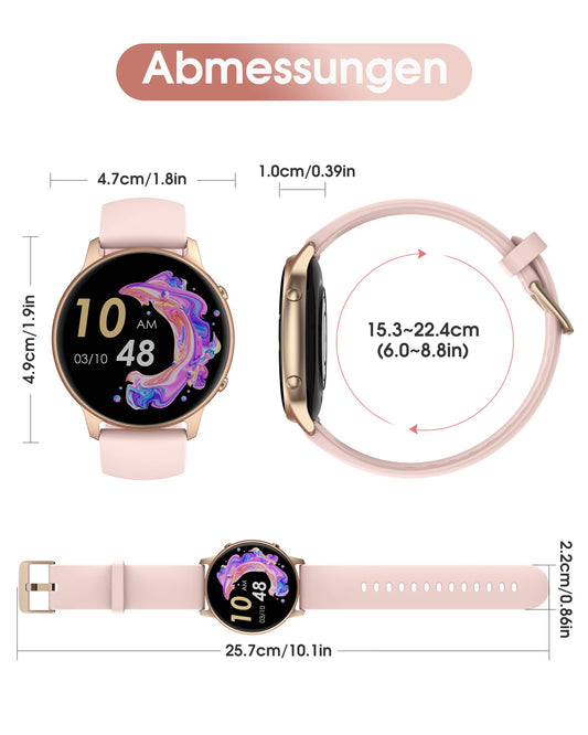 TUYOMA Smartwatch für Damen, IP68, wasserdicht, 3,3 cm (1,3 Zoll), Touchscreen, Sportuhr mit Oxymeter, DIY Zifferblatt, Schlafüberwachung, Schrittzähler, Pulsmesser für Android iOS