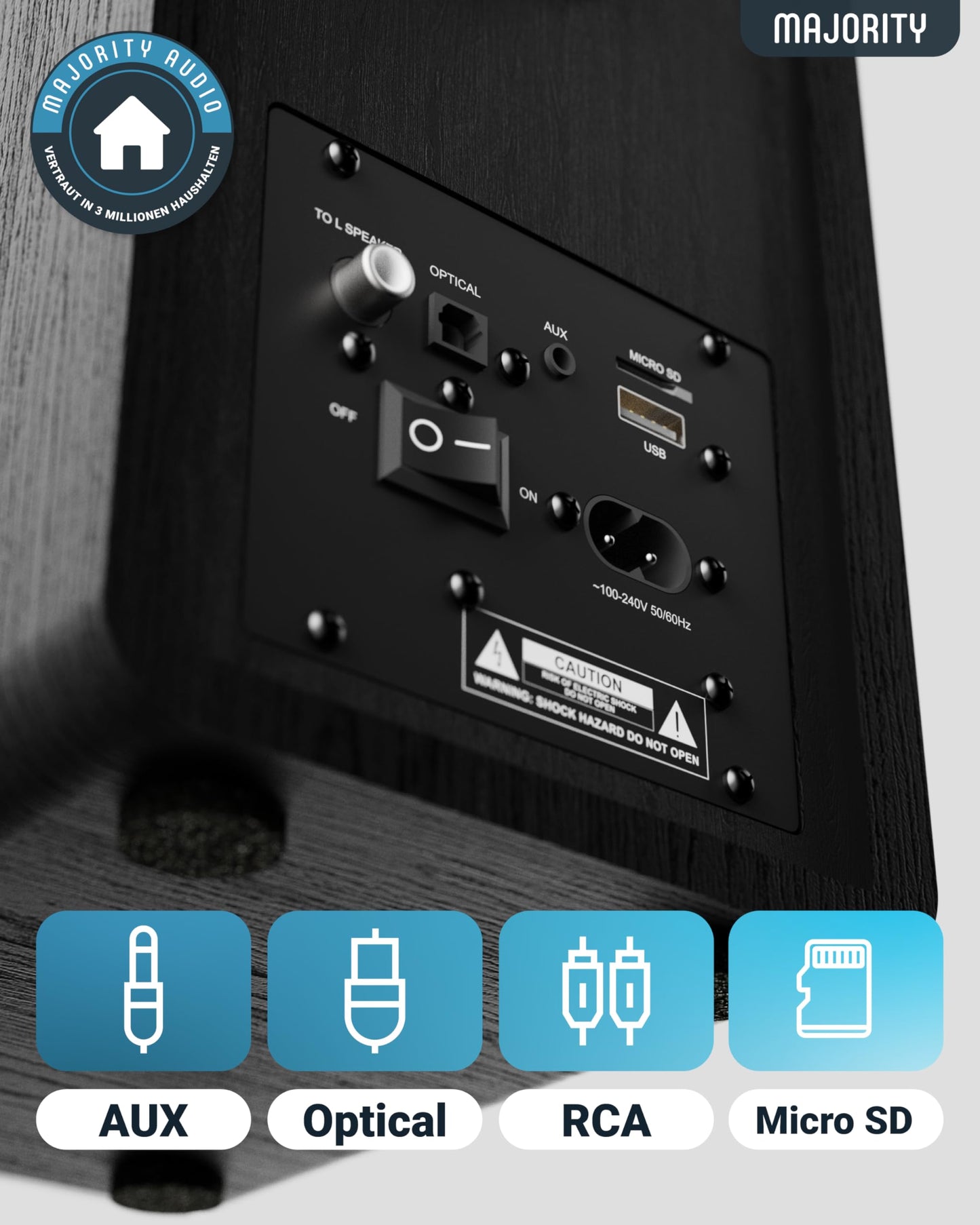 MAJORITY D40X Aktiv Regallautsprecher | 70W 2.0 Gelber Kevlar-Kegel Monitor Lautsprecher | Studio Monitor mit Bluetooth | Bookshelf HiFi Speakers mit Optische, RCA, USB AUX & Inklusive Fernbedienung