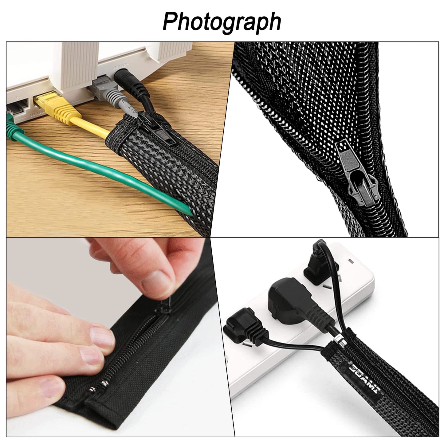 4 Stück X 1.5m Kabelkanal Schreibtisch Flexibel Management, kabelmanagement Schwarz mit Reißverschluss, Durchmesser 2-2.5cm, Kabelschlauch Kabel Cable Organizer Management für PC Kabelschutz
