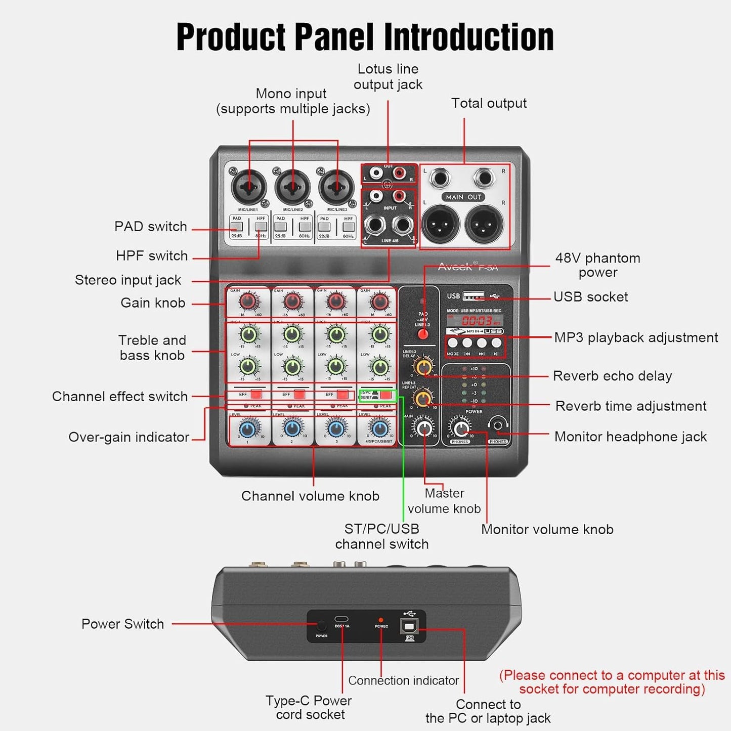 Aveek Professioneller Audio-Mixer, Soundboard-Mischpult mit 5-Kanal-Digital-USB-Bluetooth-Hall-Delay-Effekt, Eingang 48 V Phantomspeisung, Stereo-DJ-Mixer für Aufnahmen, Live-Streaming, Podcasting