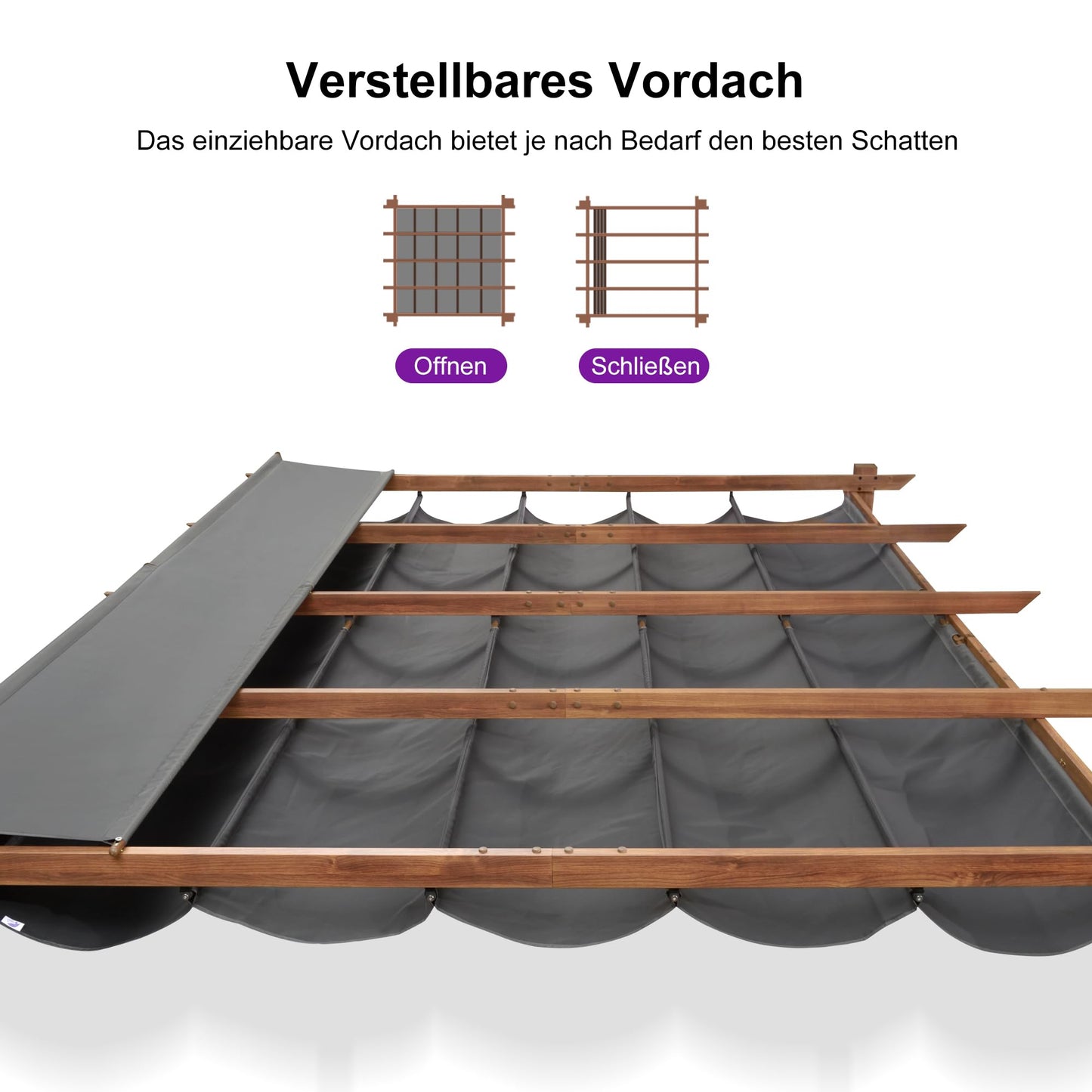 PURPLE LEAF Pergola 3 x 4 m Holzoptik Terrassenüberdachung Rostfreier Aluminium Pavillon mit Einziehbarem Dach Freistehend mit Markisenschutz, Grau