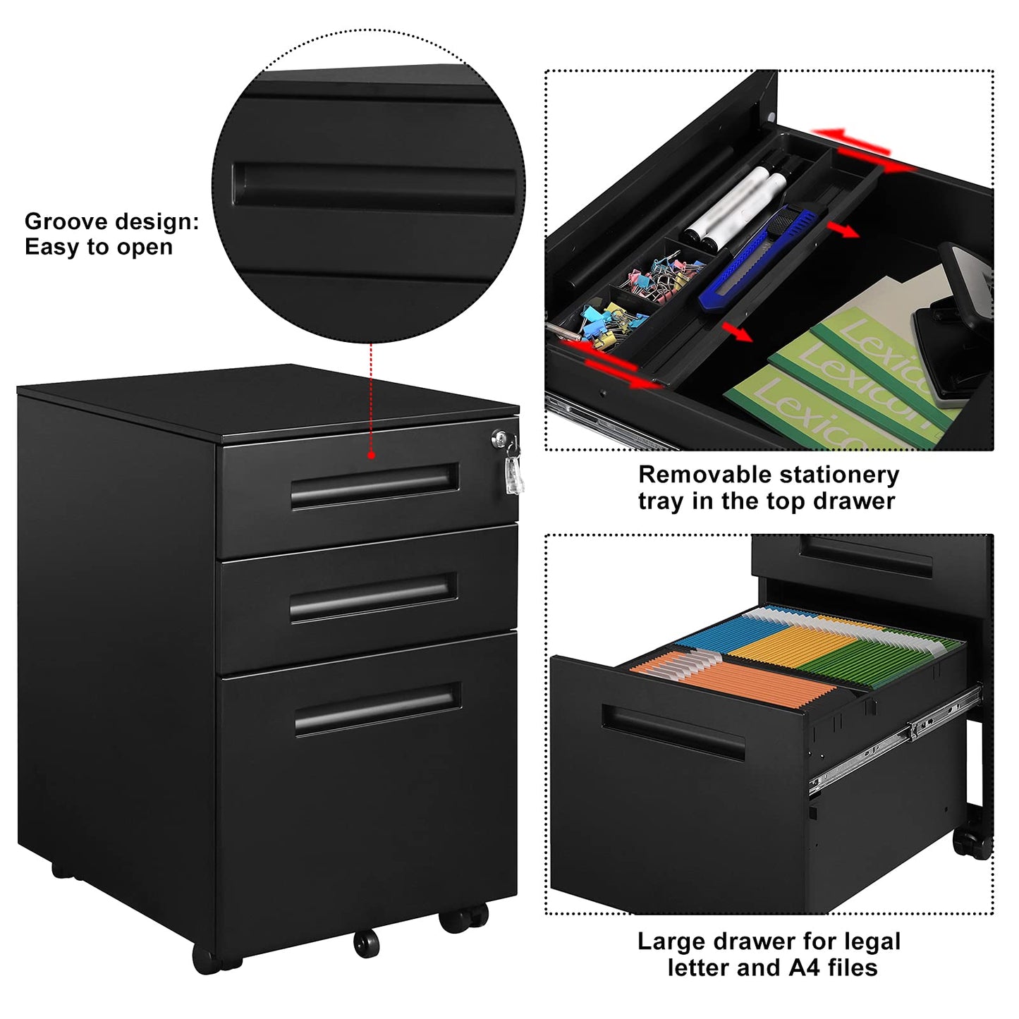 WOLTU Rollcontainer Metall, Mobiler Aktenschrank Büroschrank mit 3 Schubladen Bürocontainer, abschließbares und verstellbares Hängeregister, vormontiert, Büro, Home Office Schwarz SK023sz