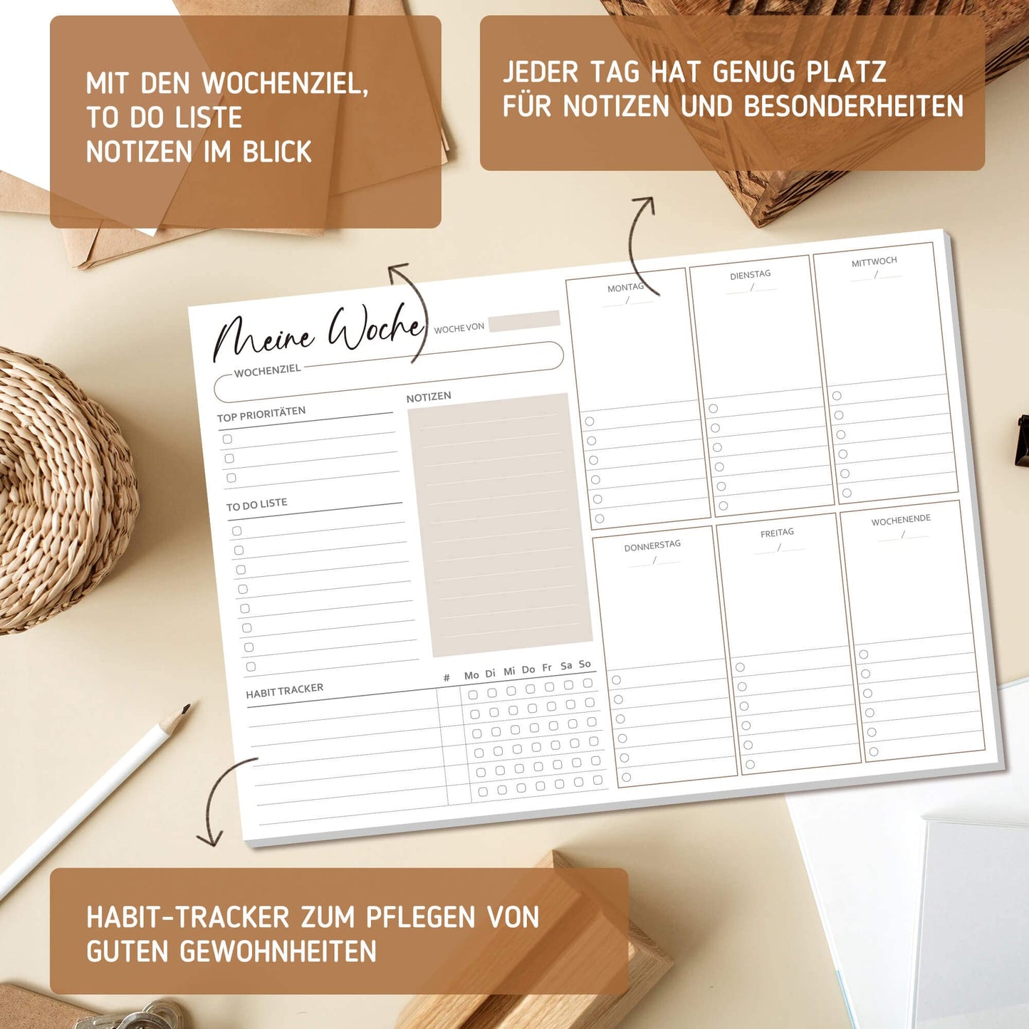 Biroyal Wochenplaner Block A4 ohne festes Datum (50 Seiten), Schreibtischunterlage mit ToDo Liste, Wochenkalender Wochen Planer mit Wochenübersicht&Habit-Tracker für Termine, Aufgaben& Notizen