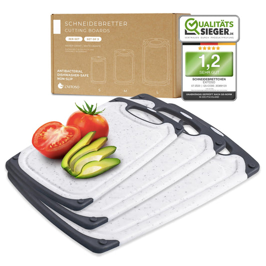 Exitoso Schneidebrett 3er Set mit Saftrille - Schneidebrett spülmaschinenfest und rutschfest - Marmoroptik weiß Schneidebrett Kunststoff BPA frei - Schneidebrett Kunststoff groß Schneidebrett Set