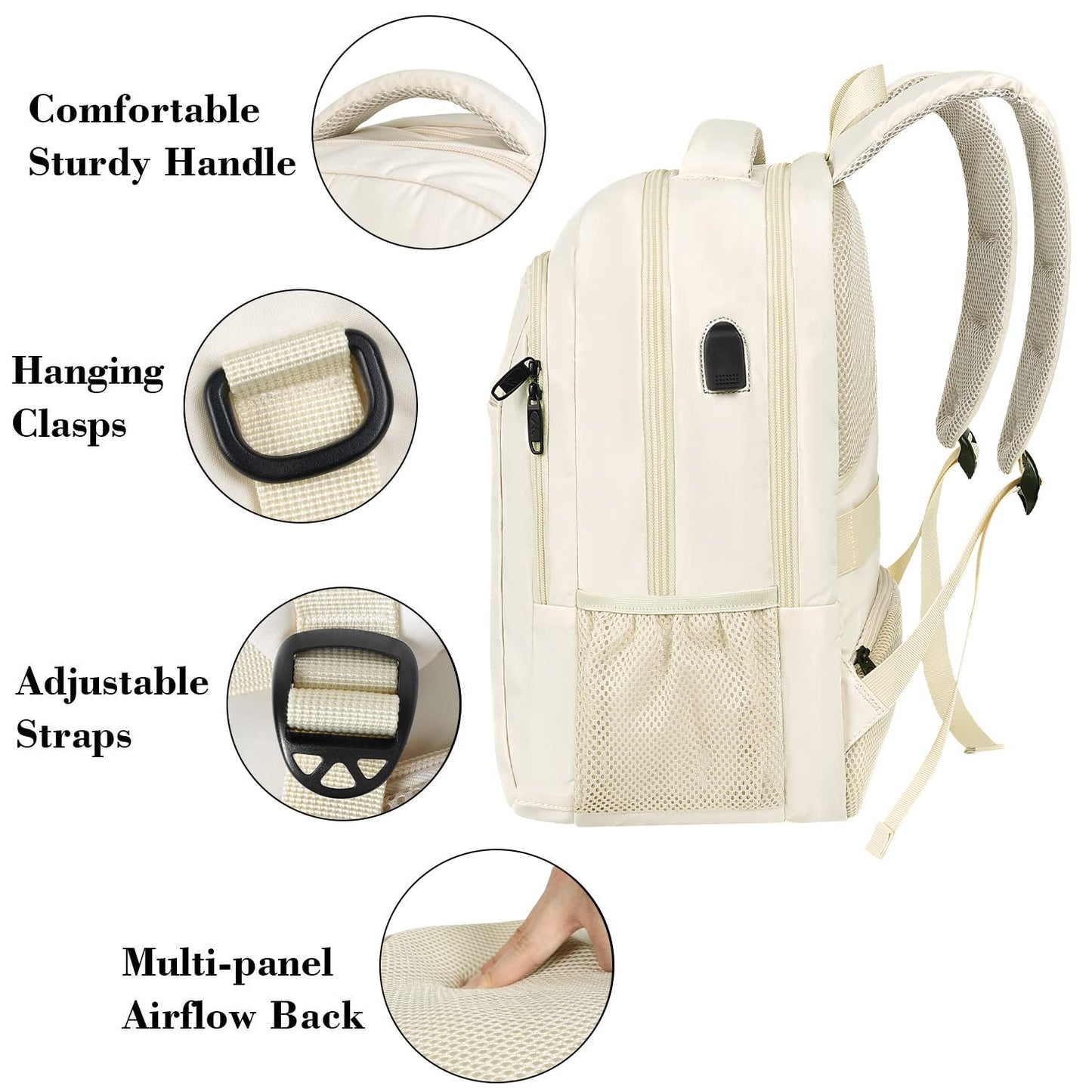 MATEIN Laptop Rucksack Damen 15,6 Zoll Notebook Arbeitsrucksack Elegant mit USB Ladeanschluss und Laptopfach Schulrucksack Herren Reisen Business, Beige