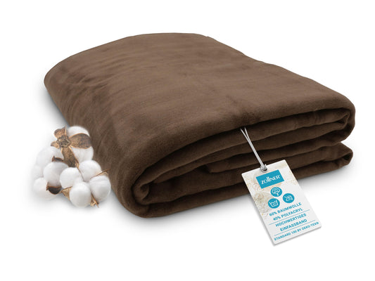 ZOLLNER Kuscheldecke flauschig in 220x240 cm - weiche und langlebige Sofadecke in braun - waschbar bis 40°C - Mischgewebe - mit elegantem Einfassband - Hotelqualität - Oeko Tex® Zertifiziert