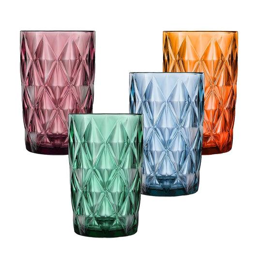 LOITTAINUE Trinkgläser Set Bunt - Gläser Set 4 Teilig, 400ml Vintage Wassergläser Set aus Glas mit Geprägtem Design - Saftgläser Drinkgläser Küchengläser - Spülmaschinenfest (Lila, Grün, Blau, Gelb)