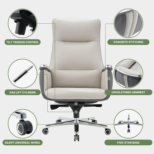 EUREKA ERGONOMIC Hochlehner Bürostuhl, Executive Drehstuhl mit extra breitem Sitz, Ergonomischer Schreibtischstuhl Leder für das Home Office, maximal 136 KG, Beige & Grau