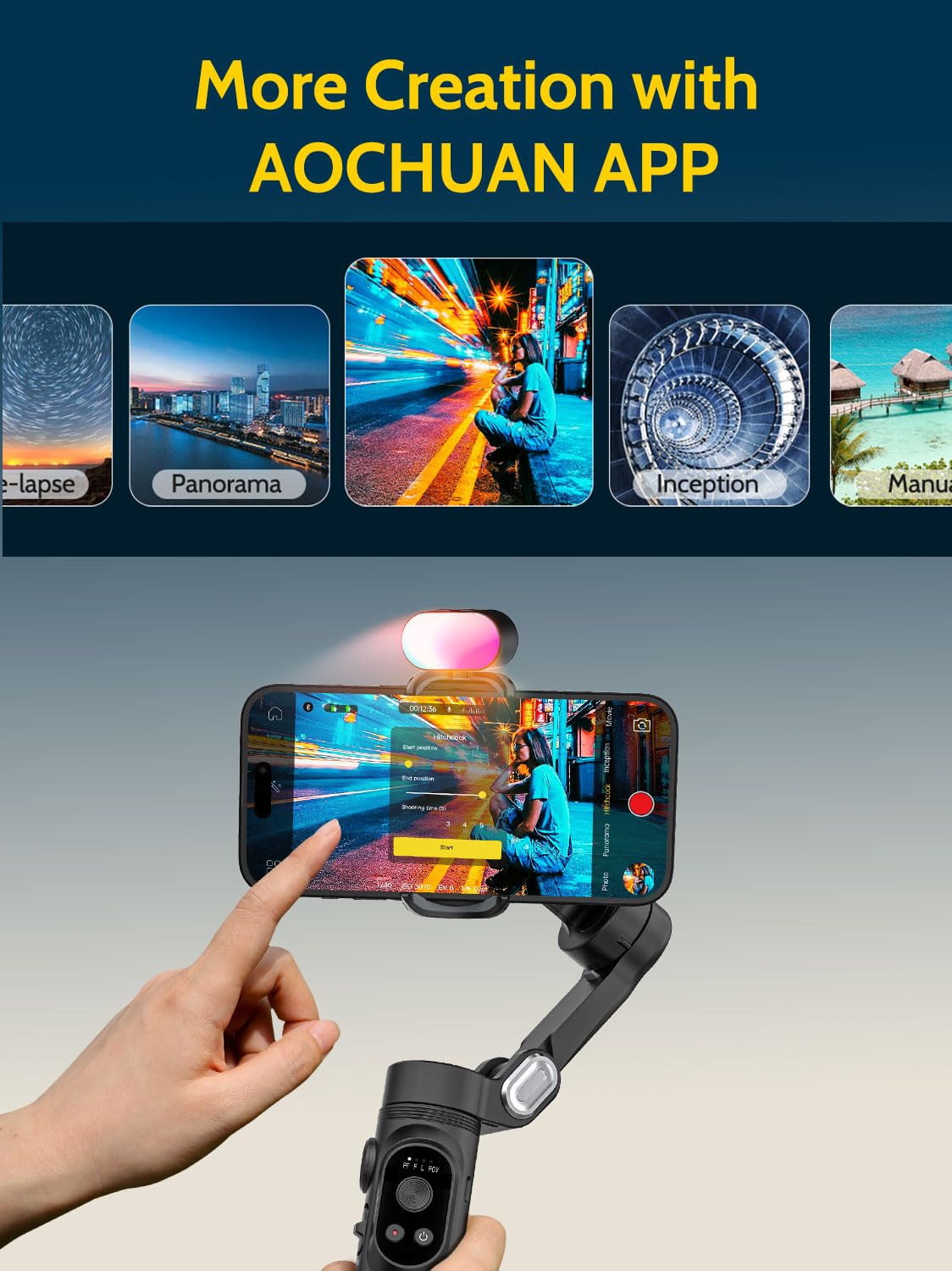 AOCHUAN Handlicher 3-Achsen-Gimbal-Stabilisator für Smartphone,Gimbal-Stabilisator für iPhone und Android mit 1/4 Zoll Gewinde,RGB-Magnetlicht,AI-Tracking-Handy-Gimbal für Vlogging-Smart X Kit Schwarz