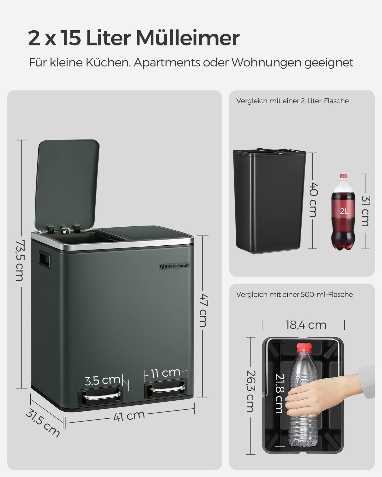 SONGMICS Mülleimer Küche, 2 x 15 Liter, Mülltrennsystem 2 Fächer, inklusive 15 Müllbeutel, Abfalleimer, Treteimer, recycelbare Abfälle, Biomüll, Softclose-Deckel, grüngrau LTB30GS