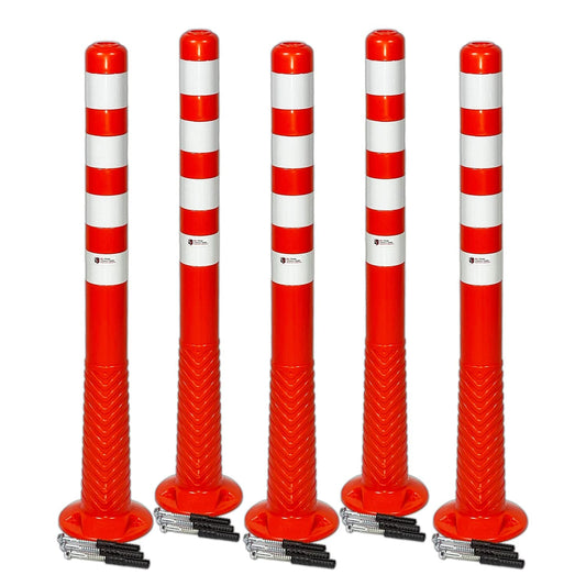 UvV 5 Stück flexible Absperrpfosten Ecoline 100cm orange vier Reflexstreifen (RA1) Befestigungsmaterial - überfahrbar, selbstaufrichtend (5-100cm)