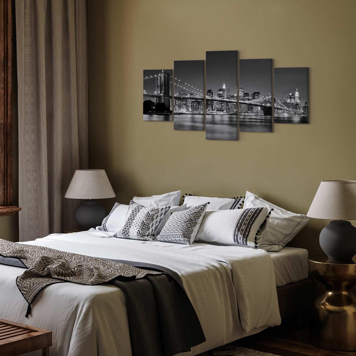 murando - Wandbilder XXL New York City 200x100 cm 5 tgl Wand Deko Leinwand Bilder Groß Wanddeko Wohnzimmer Bild Schlafzimmer Kunstdrucke - Skyline Brooklyn Bridge Stadt Nacht Manhattan Grau 030211-51