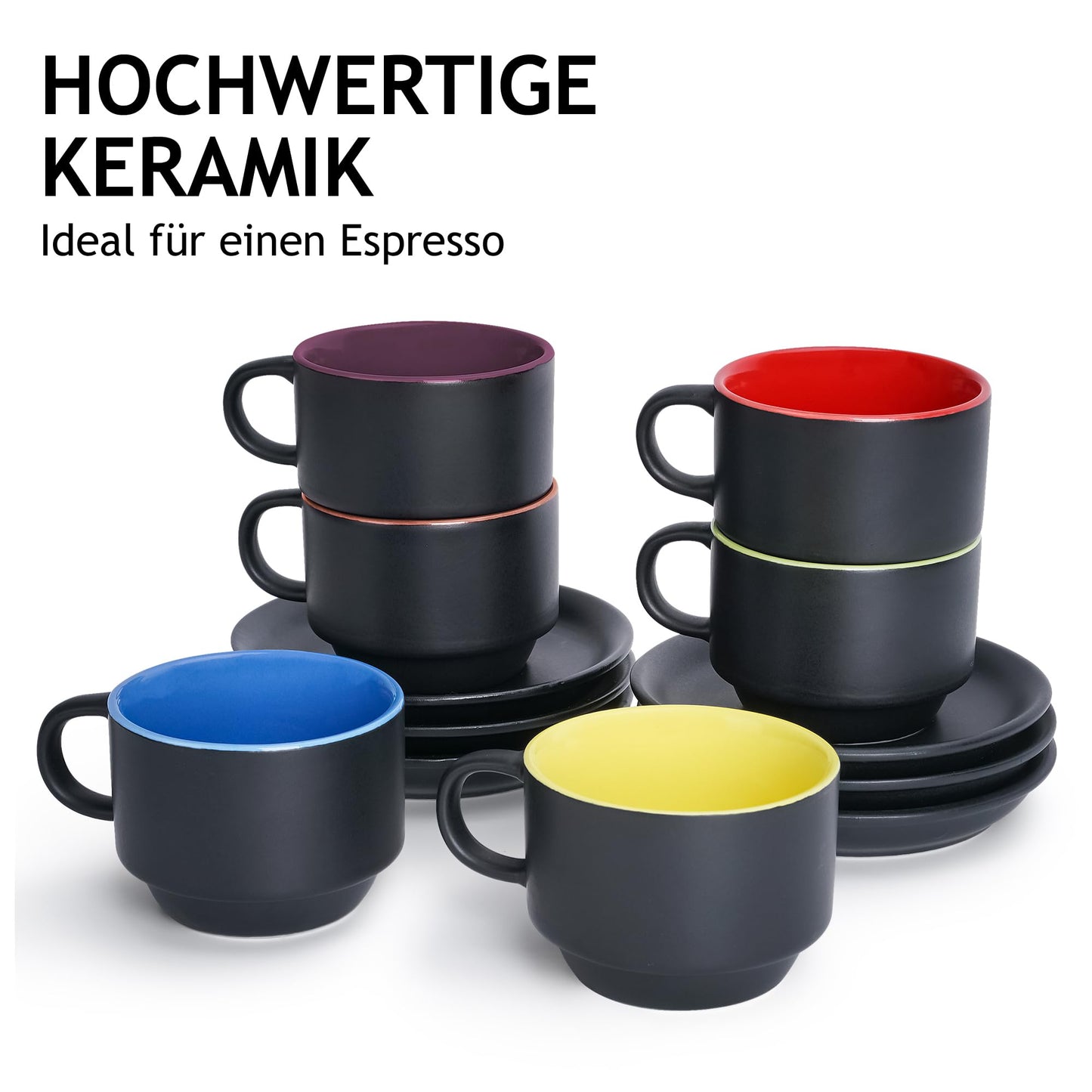 MIAMIO - 6 x 75 ml Espressotassen Set/Espresso Tassen Set mit Untertasse & Ständer - Kaffeetassen Set 6er Kaffeebecher Keramik - Le Papillon Kollektion (Bunt)