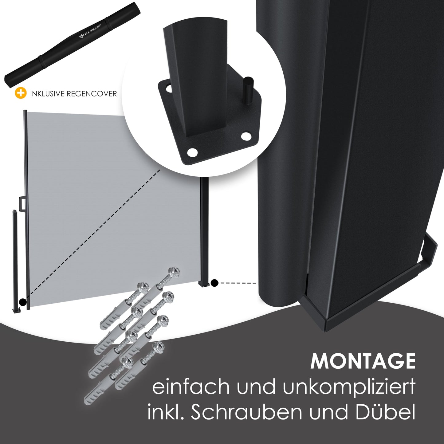 KESSER® Seitenmarkise ausziehbar Markise 300 x 180 cm Blickdicht Sichtschutz & Windschutz für Garten Balkon & Terrasse, Seitenrollo mit Wandhalterung, inkl. Wettercover Grau