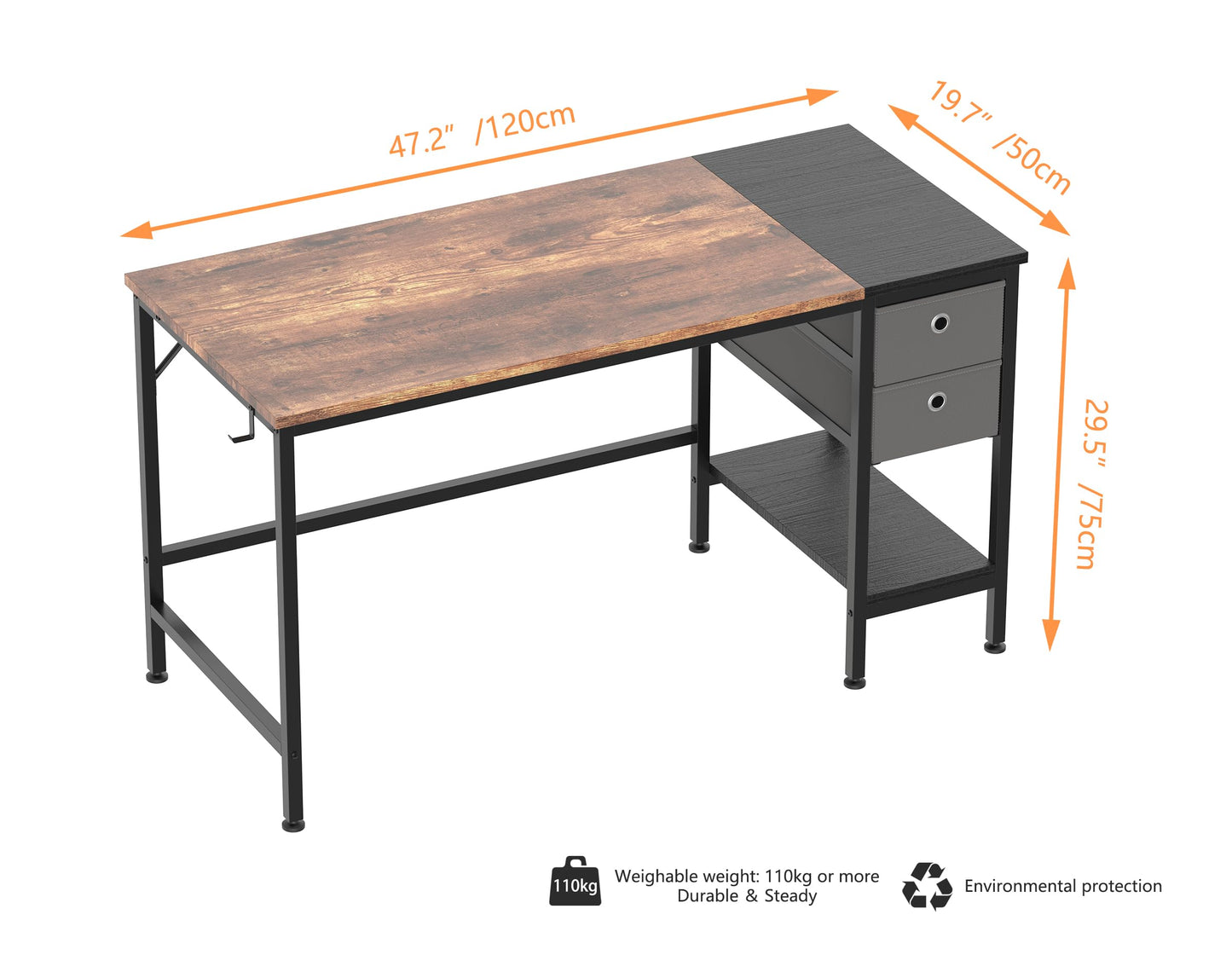 HOMIDEC Schreibtisch, Computertisch mit 2 Schubladen, Bürotisch Schreibtisch Holz Officetisch fürs Büro, Wohnzimmer, Home, Office, 120 x 50 x75cm