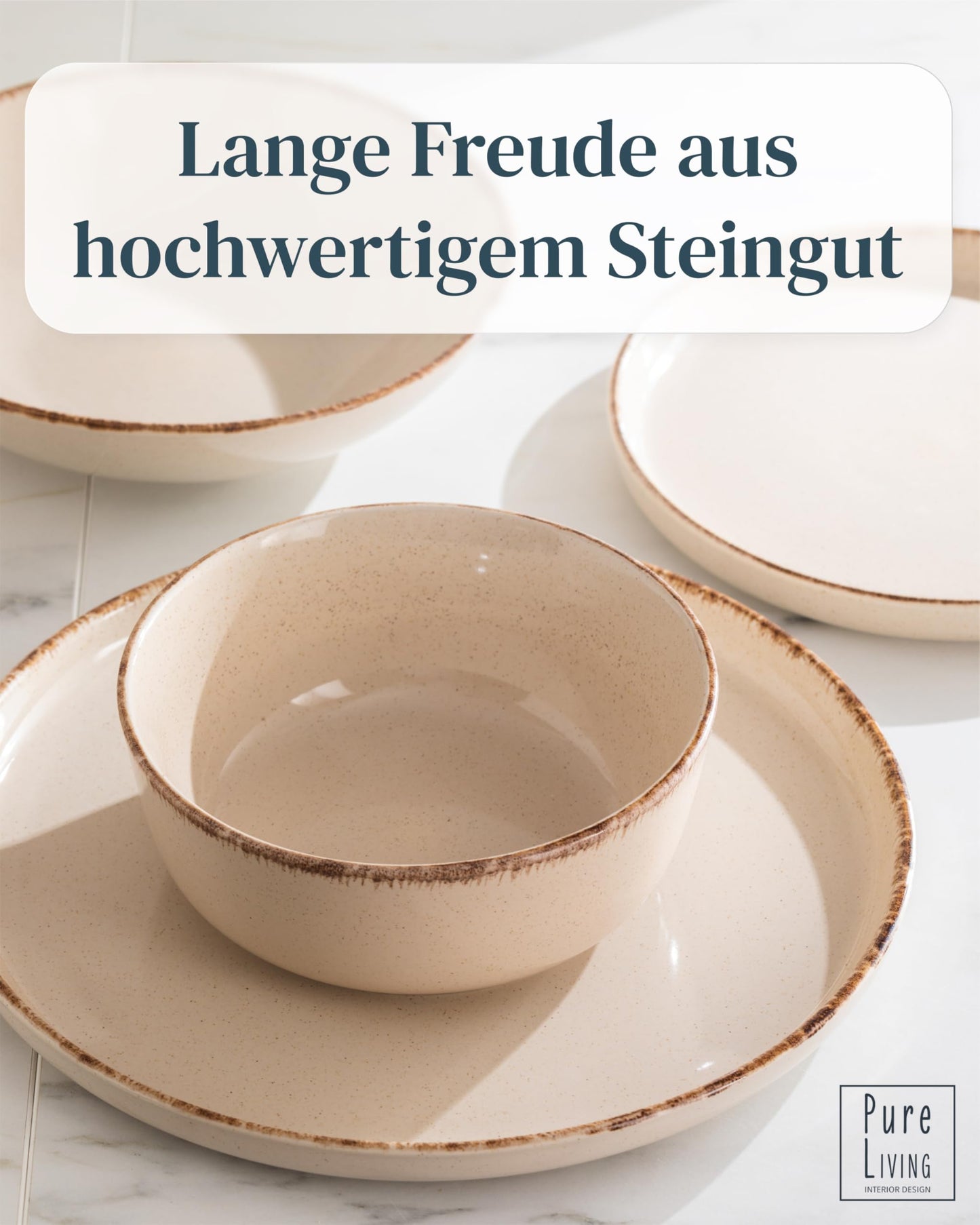 Steingut Geschirrset 12 Pers. Rustic 48-tlg Hochwertiges Landhausstil TEST SEHR GUT Steingut Geschirr Set - Schüssel- und Teller Set - Tafelservice 12 Personen Geschirrsets Pure Living in beige