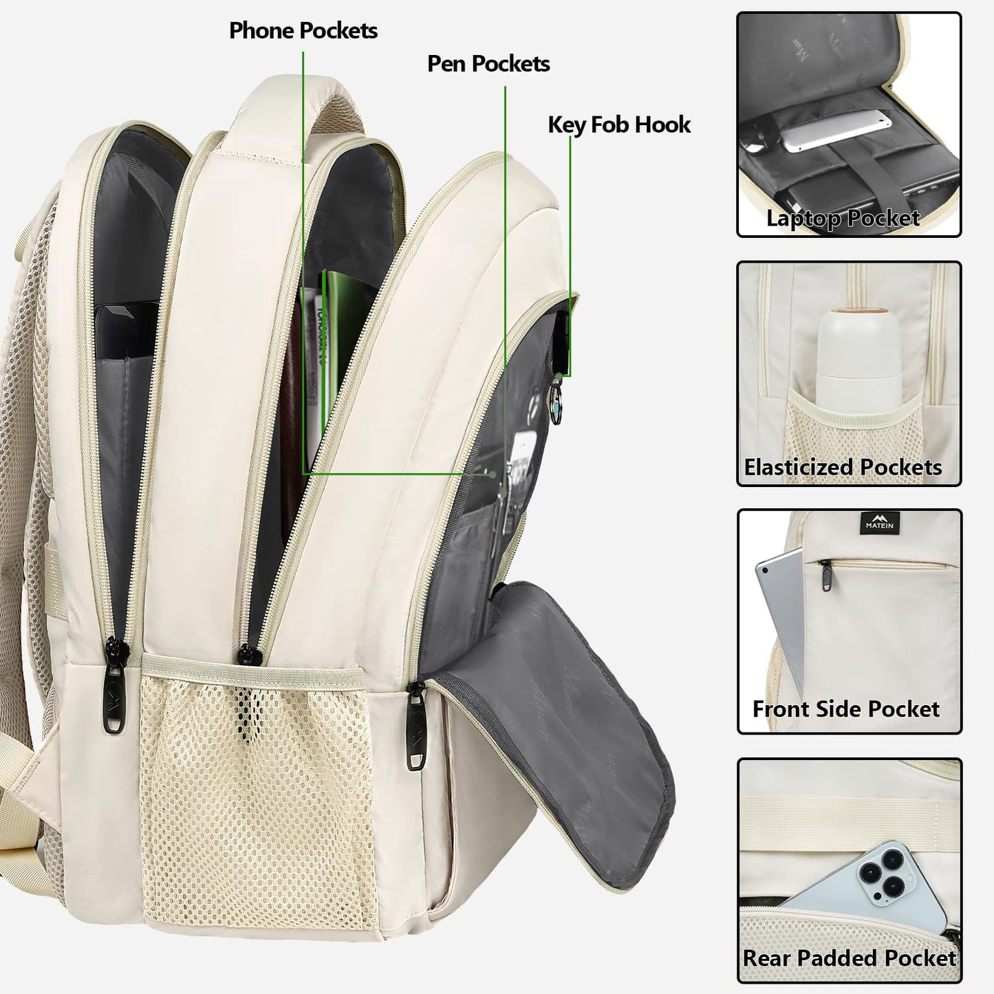 MATEIN Laptop Rucksack Damen 15,6 Zoll Notebook Arbeitsrucksack Elegant mit USB Ladeanschluss und Laptopfach Schulrucksack Herren Reisen Business, Beige