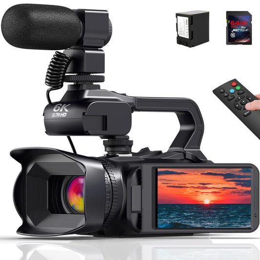 Videokamera 6K Camcorder 64MP 18X Digitalzoom Vlogging Kamera mit IR Nachtsicht für YouTube, HD Webcam Camera WiFi Videokamera mit 4500mAh Akku, SD-Karte, Stabilisator, Mikrofon und 2,4G Fernbedienung