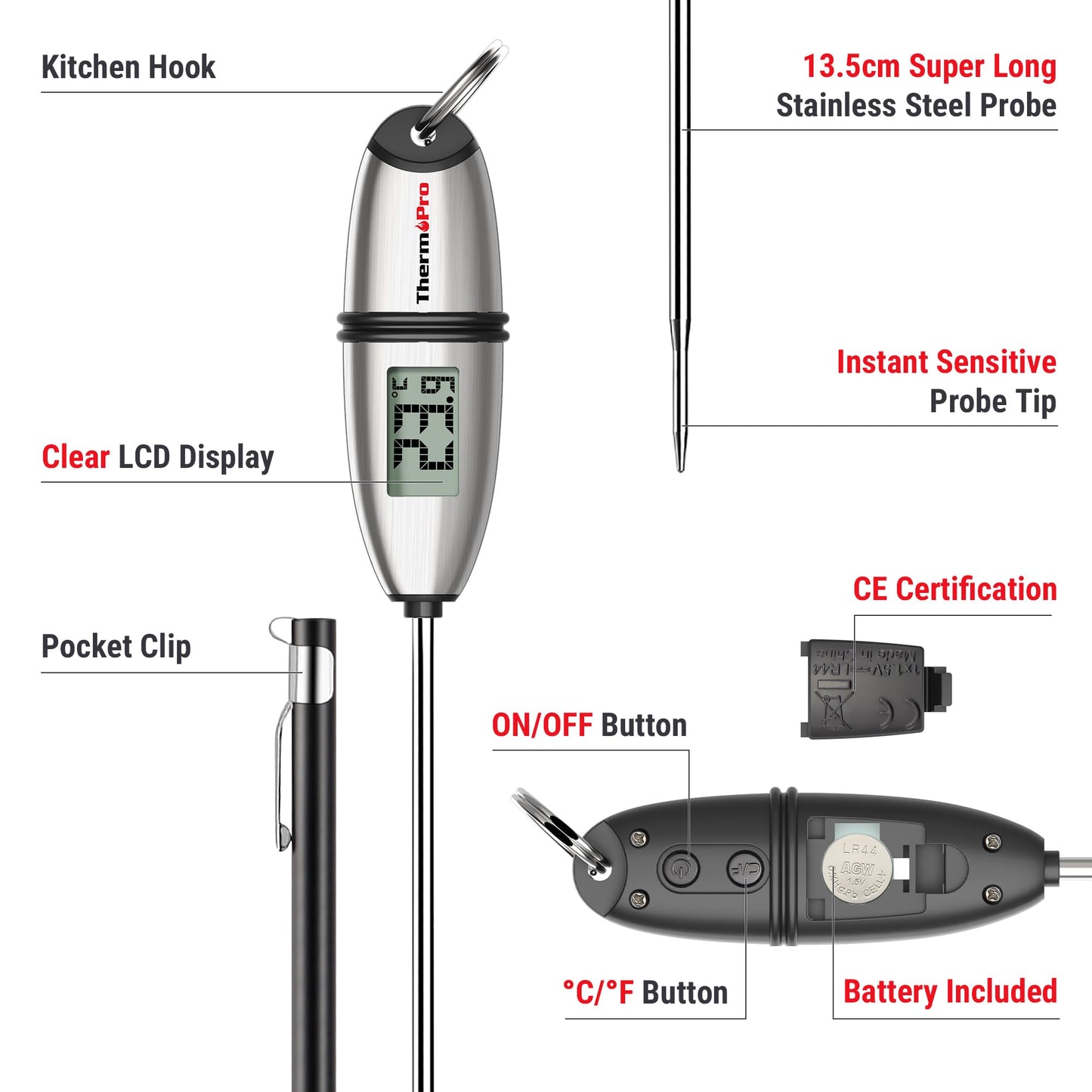 ThermoPro TP02S Digitales Bratenthermometer Fleischthermometer Thermometer Kochen Küchenthermometer Grillthermometer mit langer Sonde, für Braten, Kochen, Grillen/BBQ, Backen, Baby-Ernährung