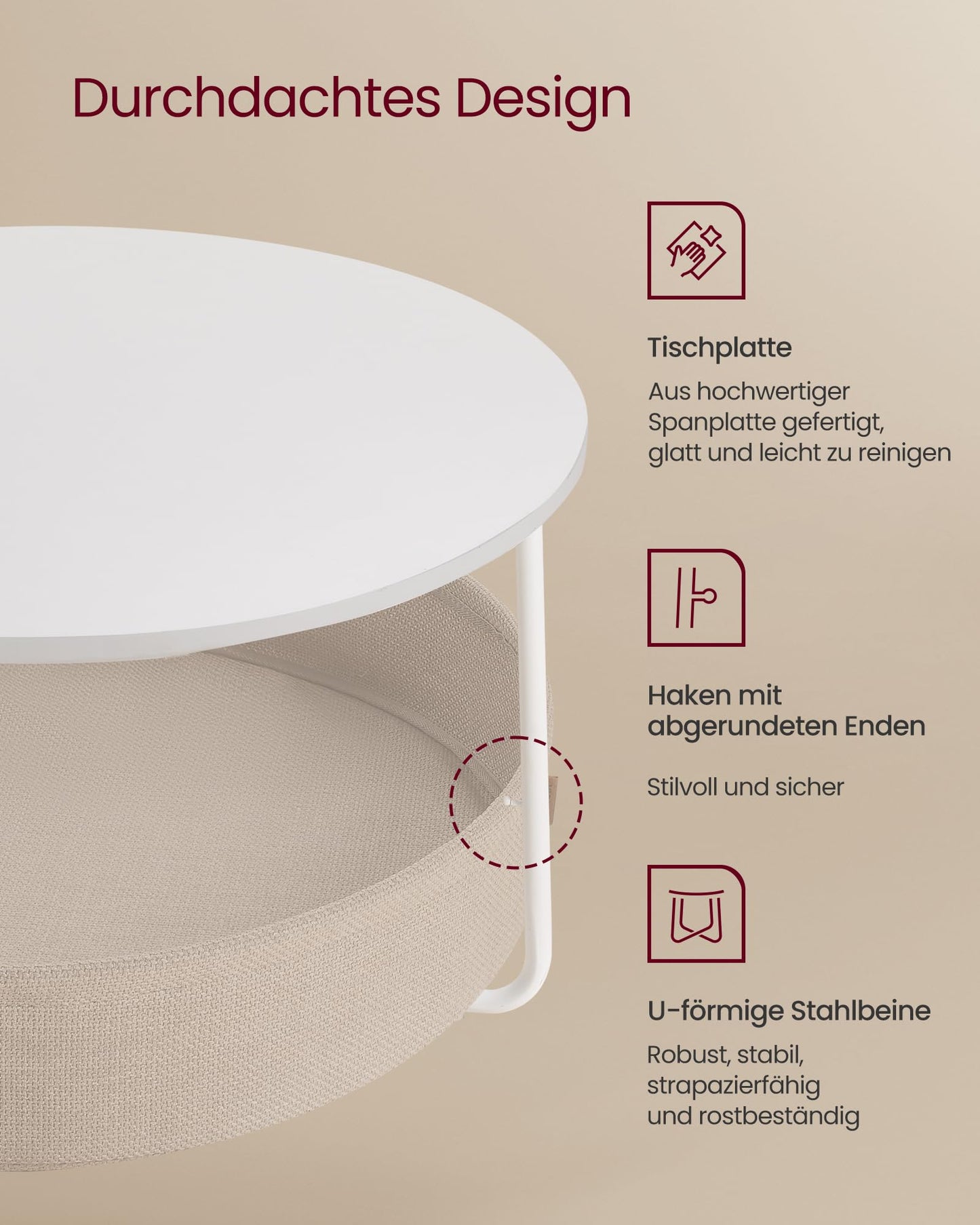 VASAGLE Runder Couchtisch, Mattweiß/Kamelbraun, mit Stoffkorb-Aufbewahrung, Moderner Beistelltisch für Wohnzimmer, Metallrahmen