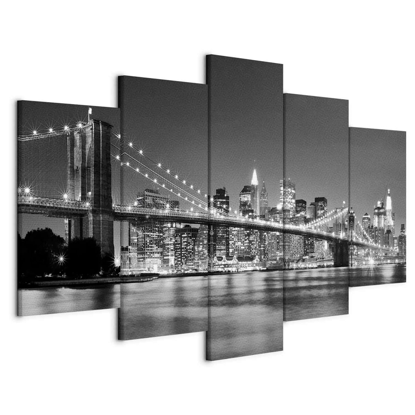 murando - Wandbilder XXL New York City 200x100 cm 5 tgl Wand Deko Leinwand Bilder Groß Wanddeko Wohnzimmer Bild Schlafzimmer Kunstdrucke - Skyline Brooklyn Bridge Stadt Nacht Manhattan Grau 030211-51