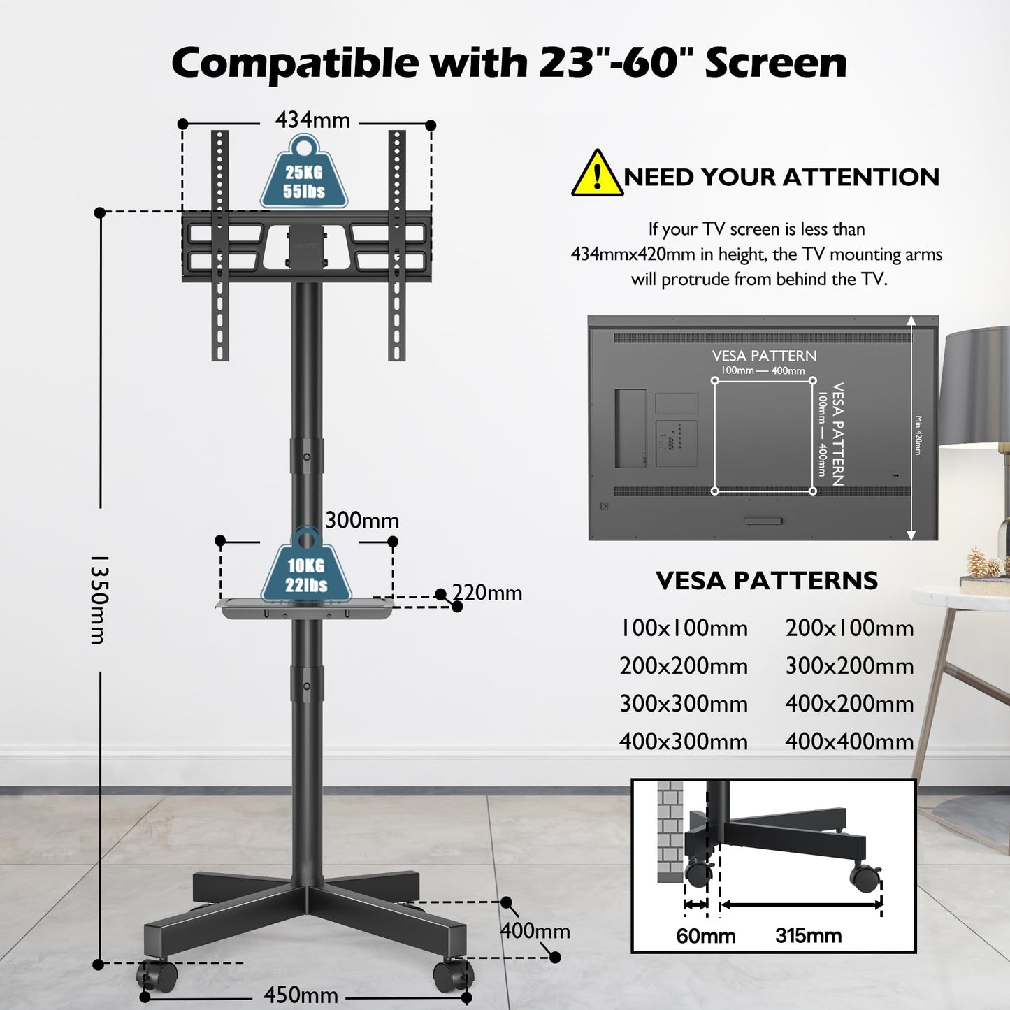 BONTEC TV Ständer auf Rollen, Neigbar, Höhenverstellbarer Rollbarer TV Ständer Rollbar mit Medienablage für 23–60 Zoll LED, LCD, OLED-Flach- und Gebogene Fernseher, hält bis zu 25 kg