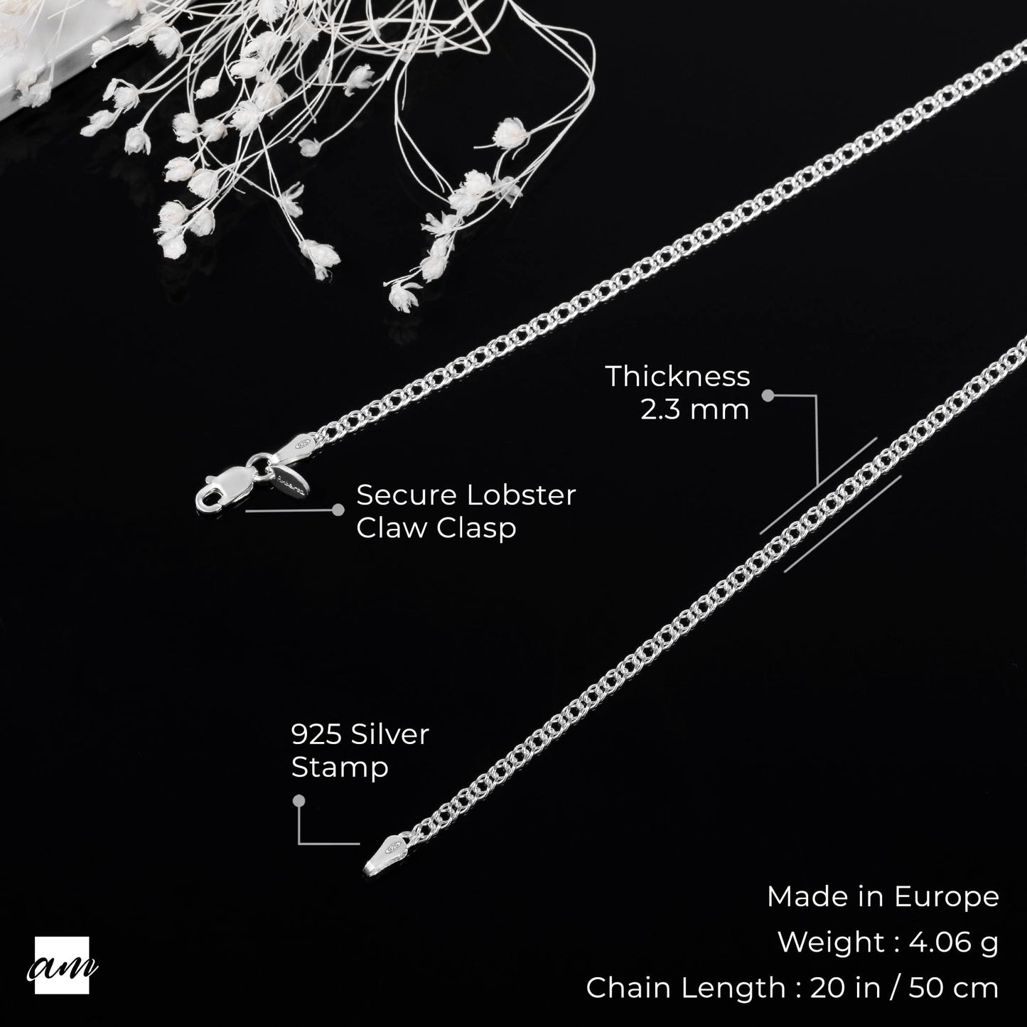 Amberta 925 Sterlingsilber Damen-Halskette - Rhombus Panzerkette - 2 mm Breite - Verschiedene Längen: 40 45 50 55 cm (50cm)