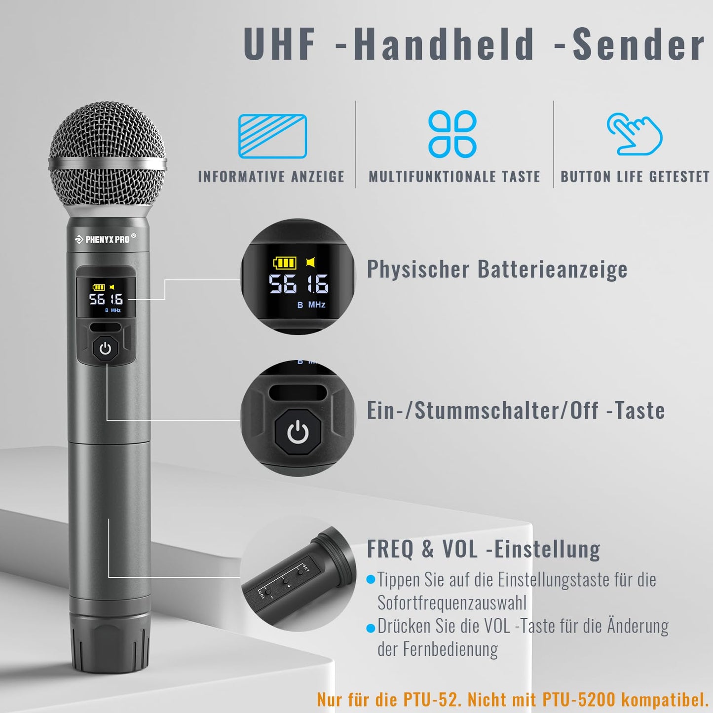 Phenyx Pro Mikrofon Drahtloses Mikrofonsystem mit Koffer, kabelloses Handmikrofon-Set für Gesang, Karaoke, Kirche, 2x30 UHF einstellbare Frequenzen, 200ft Reichweite (PTU-52)