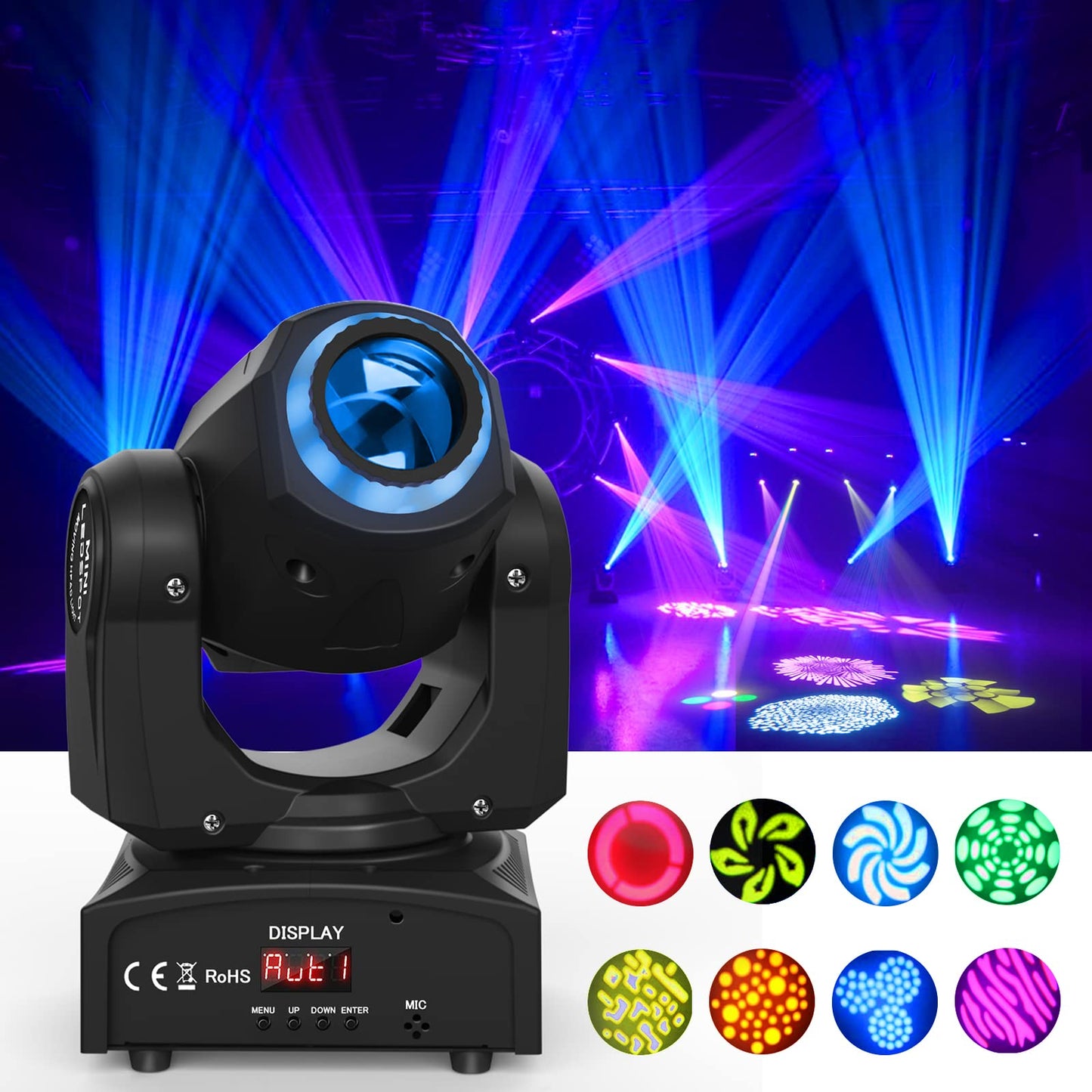 UKing 50W LED Moving Head,Disco Bühnenlicht mit 8 Muster 8 Farben Gobo Strahler,10/12 Kanäle,LED Lichteffekte für Bar Club Show