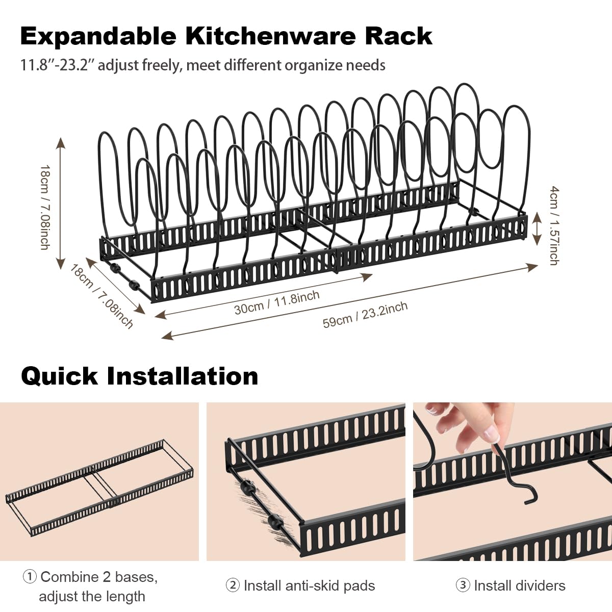 Housolution Pfannenhalter für Schublade, Erweiterbarer Topfdeckelhalter mit 14 Verstellbaren Teiler, Topfdeckel Aufbewahrung Pfannen Organizer Deckelhalter für Küche, Schwarz