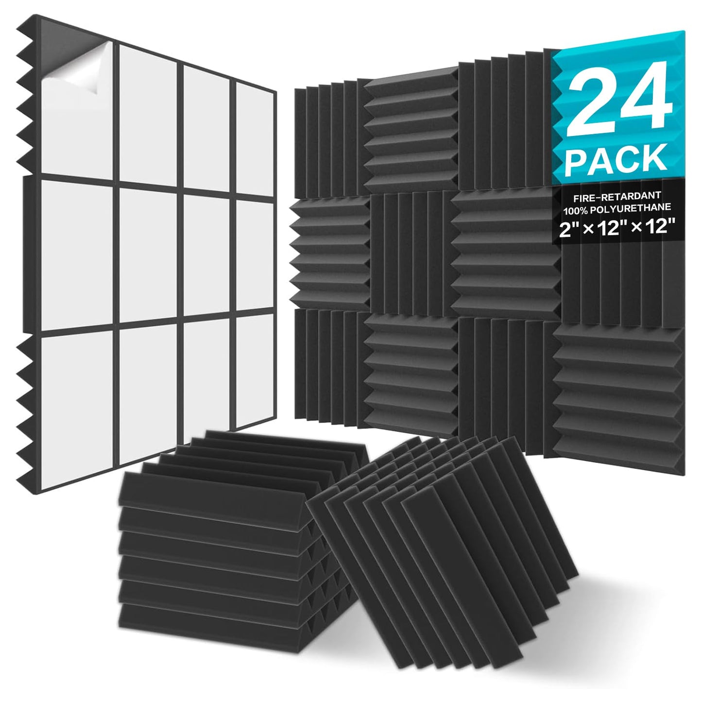 JBER Schalldichte Schaumstoffplatten, 5 x 30,5 x 30,5 cm, selbstklebende Akustik-Wandpolster für Heimbüro-Studios, Schwarz, 24 Stück