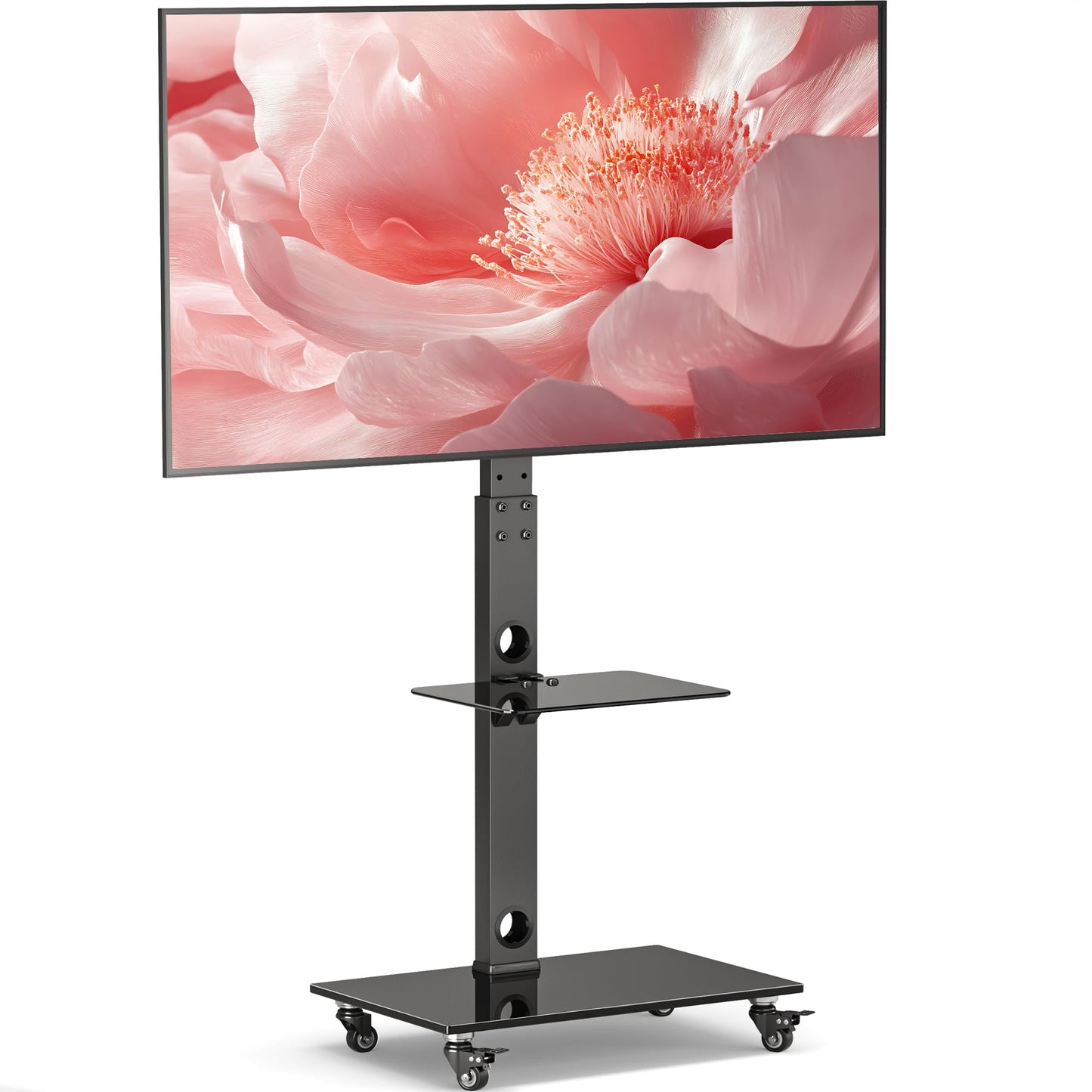 BONTEC TV-Ständer mit Rollen für 30-70 Zoll Plasma-/LCD-/LED-Bildschirme bis 40 kg, 6 Höhenverstellungen mit 2-stufigen Ablagen aus gehärtetem Glas, MAX VESA 600 x 400 mm
