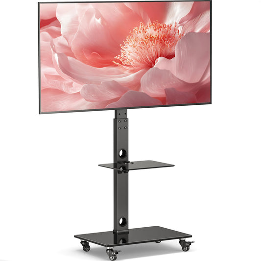 BONTEC TV-Ständer mit Rollen für 30-70 Zoll Plasma-/LCD-/LED-Bildschirme bis 40 kg, 6 Höhenverstellungen mit 2-stufigen Ablagen aus gehärtetem Glas, MAX VESA 600 x 400 mm