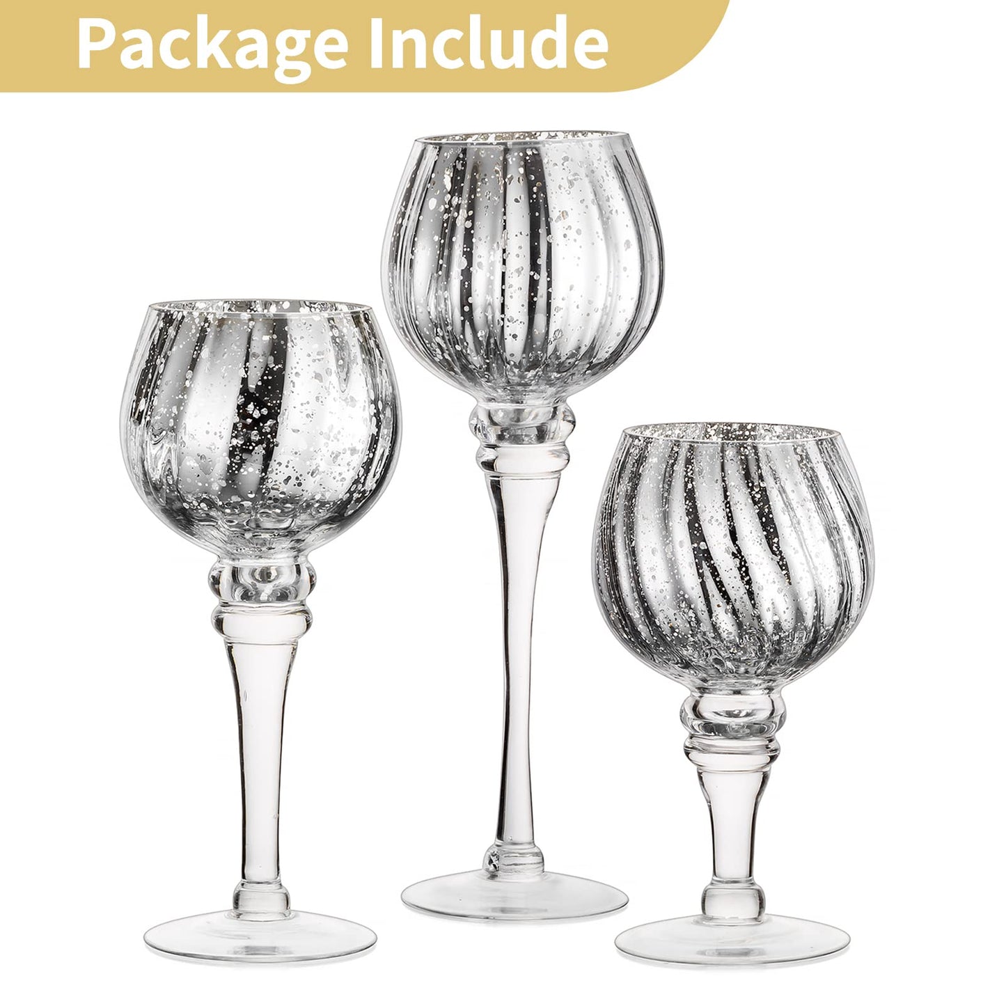 Nuptio Teelichthalter Glas 3 Stück Große Quecksilber Teelichter Kerzenständer Große Silberne Kerze Halter Glas Langen Stamm Säule Tisch Tafelaufsatz für Hochzeit Partei Weihnachten Mantel