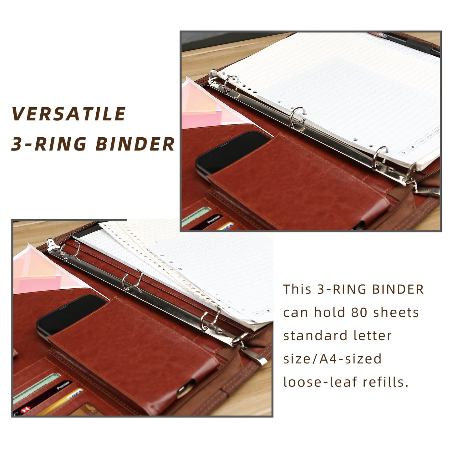 WRIYES Schreibmappe A4 mit Ringbuch Reißverschluss, PU Kunstleder Konferenzmappe, Business Büro Mappen Organizer, Mit Klemmbrett und Multifunktionstasche (Braun)
