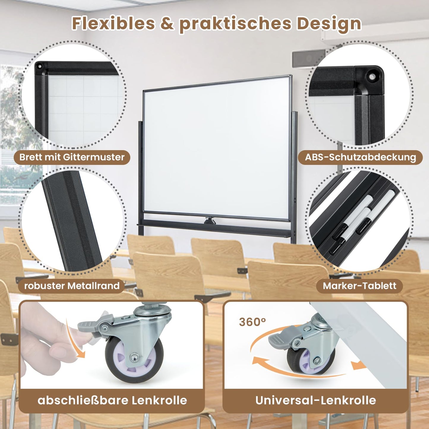 COSTWAY Doppelseitiges mobiles Whiteboard, 120 x 90 cm, Trocken abwischbares magnetisches Whiteboard mit Gittermuster, Rollen, Ständer und Stiftablage, inkl. Zubehör für Büro, Zuhause (Schwarz)