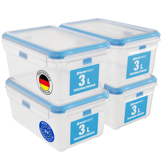 ATHLON TOOLS 4x 3L Frischhaltedosen-Set in Gastro-Qualität - 100% luftdicht und auslaufsicher -40 bis +100 Grad - für alle Lebensmittel - BPA-frei - Vorratsdosen für Kühlschrank (3 L | 4er Set)