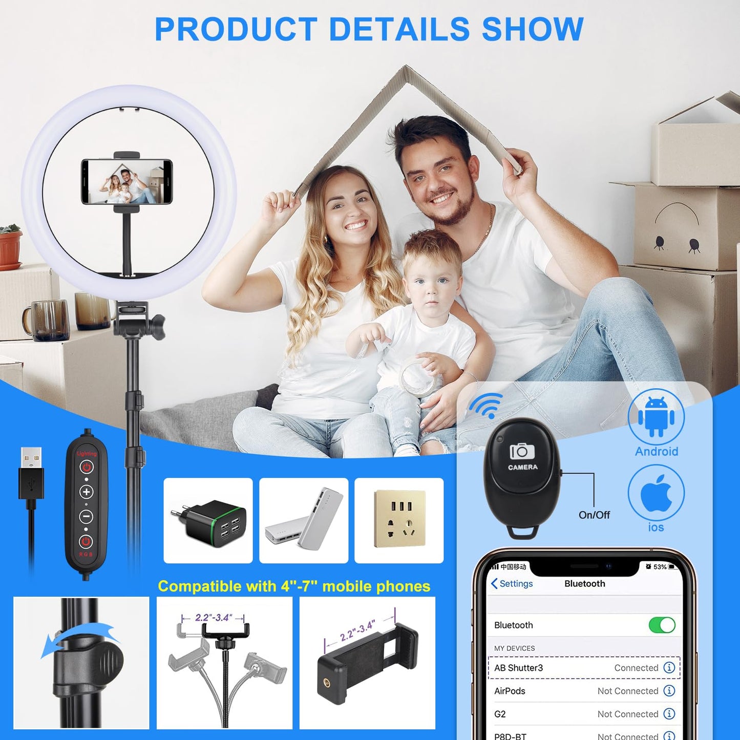 MICCYE Ringlicht mit Stativ 10 Zoll RGB Ring Light Gesamthöhe 180cm Ringleuchte Selfie Ringlicht Handy für Video Makeup Fotografie