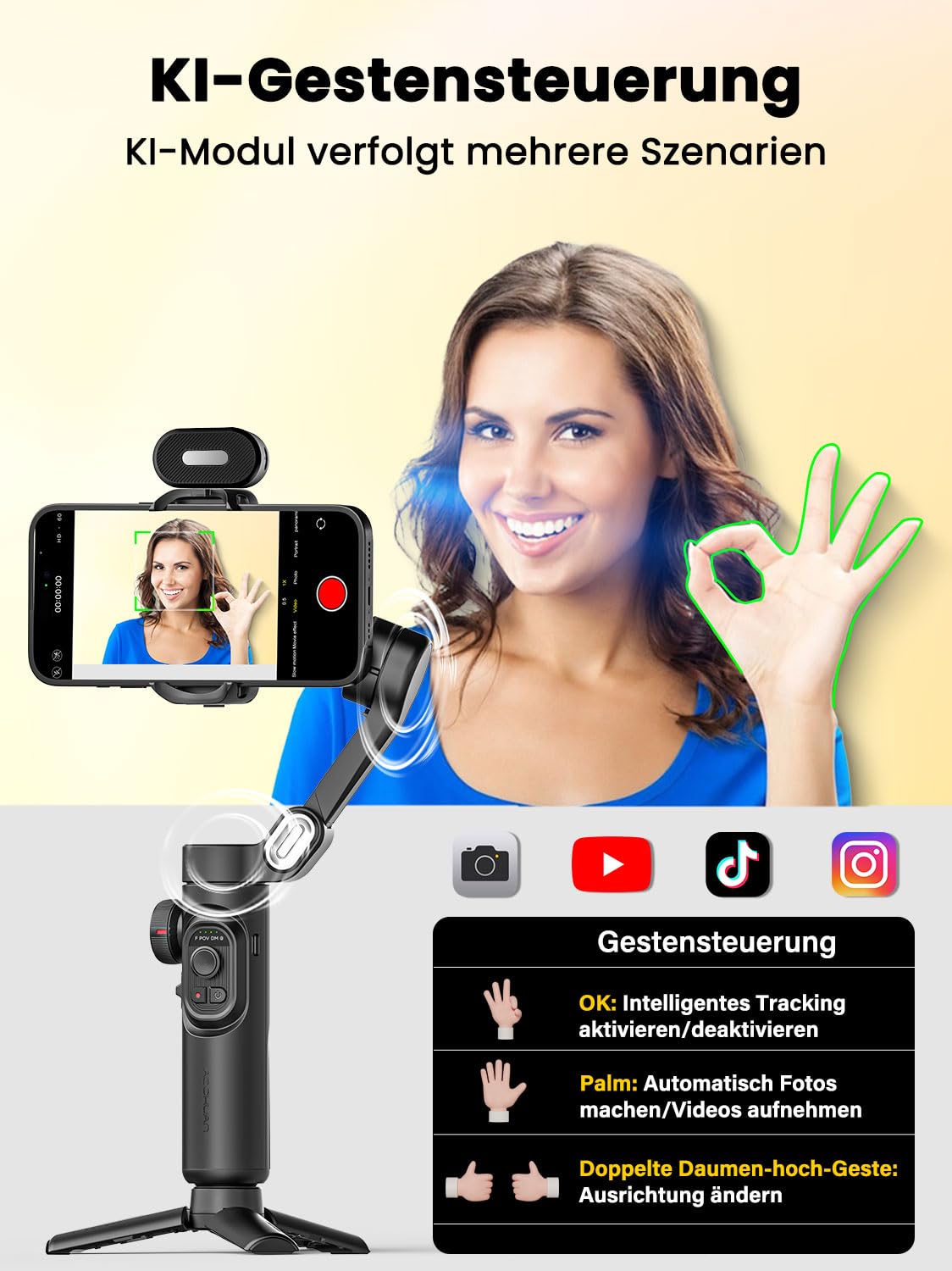 Gimbal-Stabilisator für Smartphone, NO APP KI-Verfolgung, Gestensteuerung, Inception-Gimbal mit TikTok YouTube, 3-Achsen-Falt-Gimbal-Stabilisator für iPhone und Android, AOCHUAN XE AI-Version