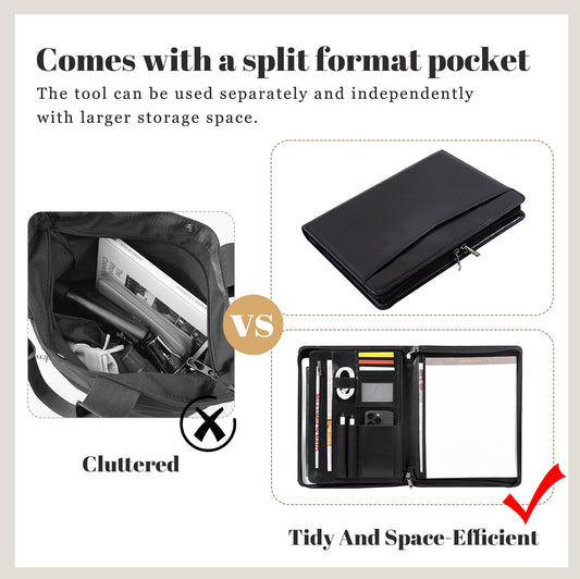 Calfinder Schreibmappe A4, Konferenzmappe A4, Veganes Leder, Arbeitsmappe, Aktenmappe a4 mit reißverschluss, Ledermappe A4, Businessmappe Geschenke für Fauen, Geschenke für Männer, Schwarz