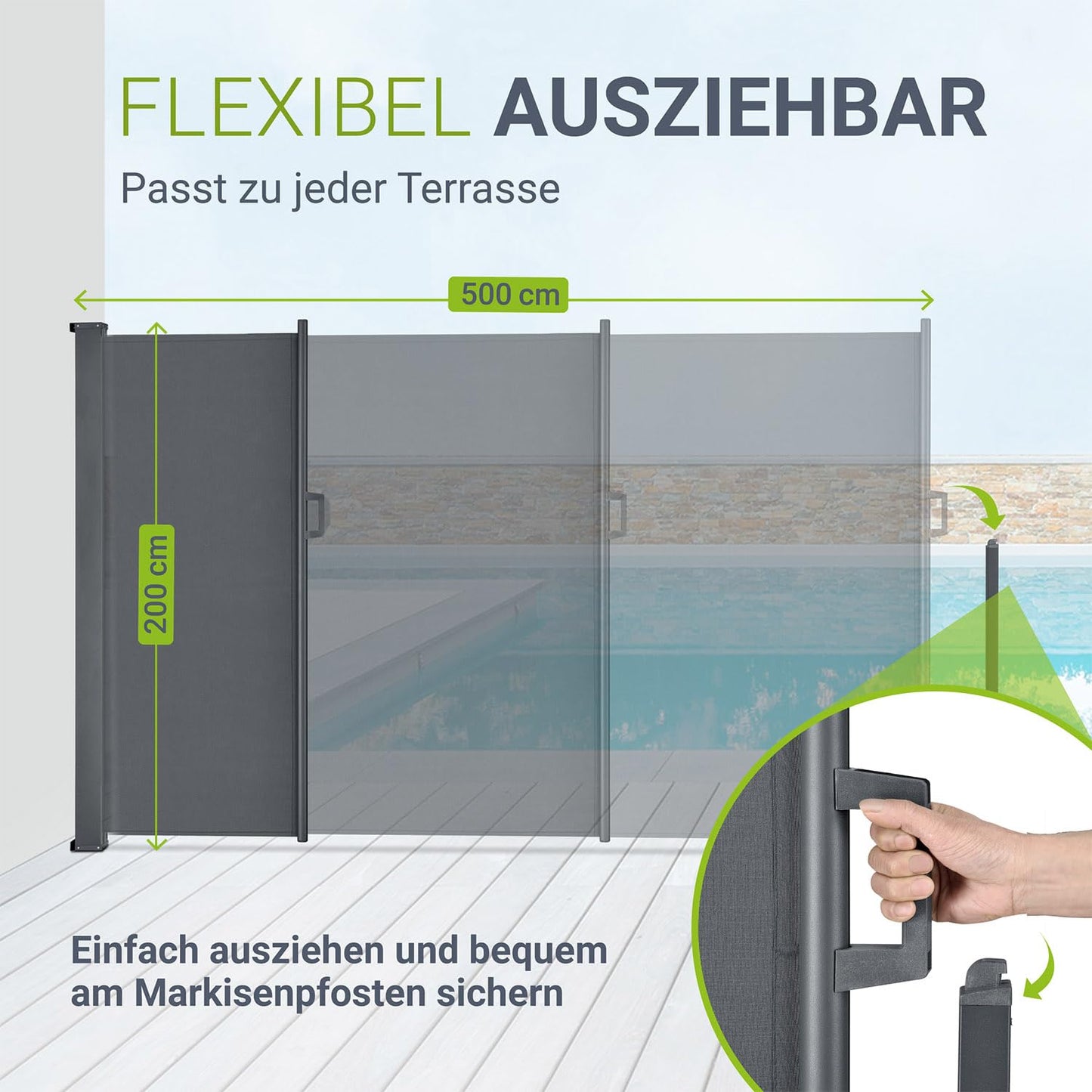 Juskys Seitenmarkise Dubai 500 x 200 cm ausziehbar Blickdicht, Sichtschutz für Balkon & Terrasse, Seitenrollo Wandhalterung - anthrazit