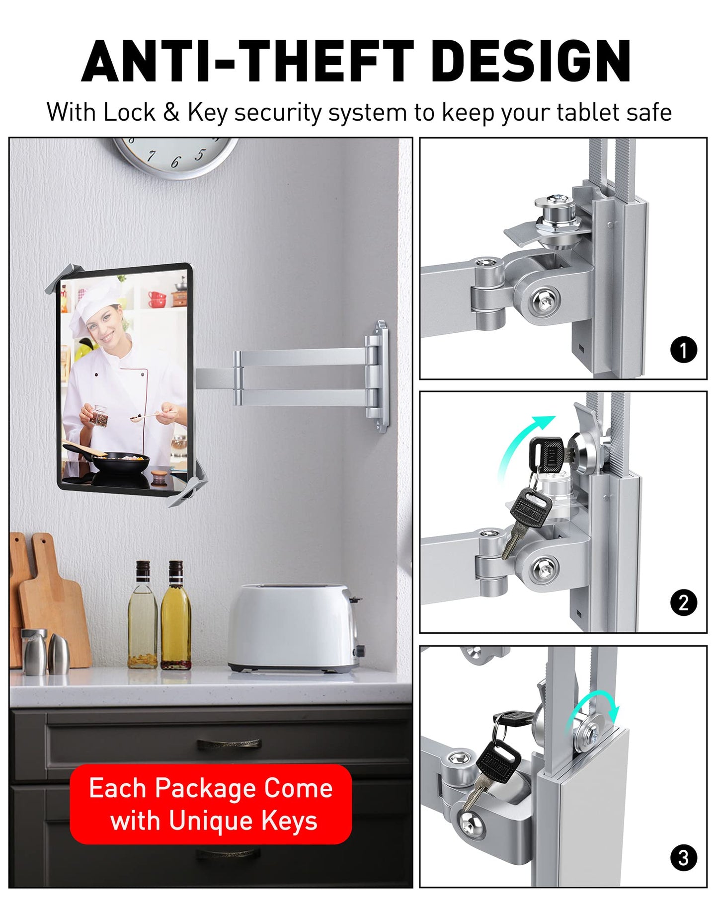 AboveTEK Tablet Wandhalterung iPad Ständer für 7-11Zoll Tablets/iPad/Galaxy Tab/Slate/Fire Tablet Halterung mit Anti-Diebstahl-Sicherheitsschloss und -Schlüssel Silber