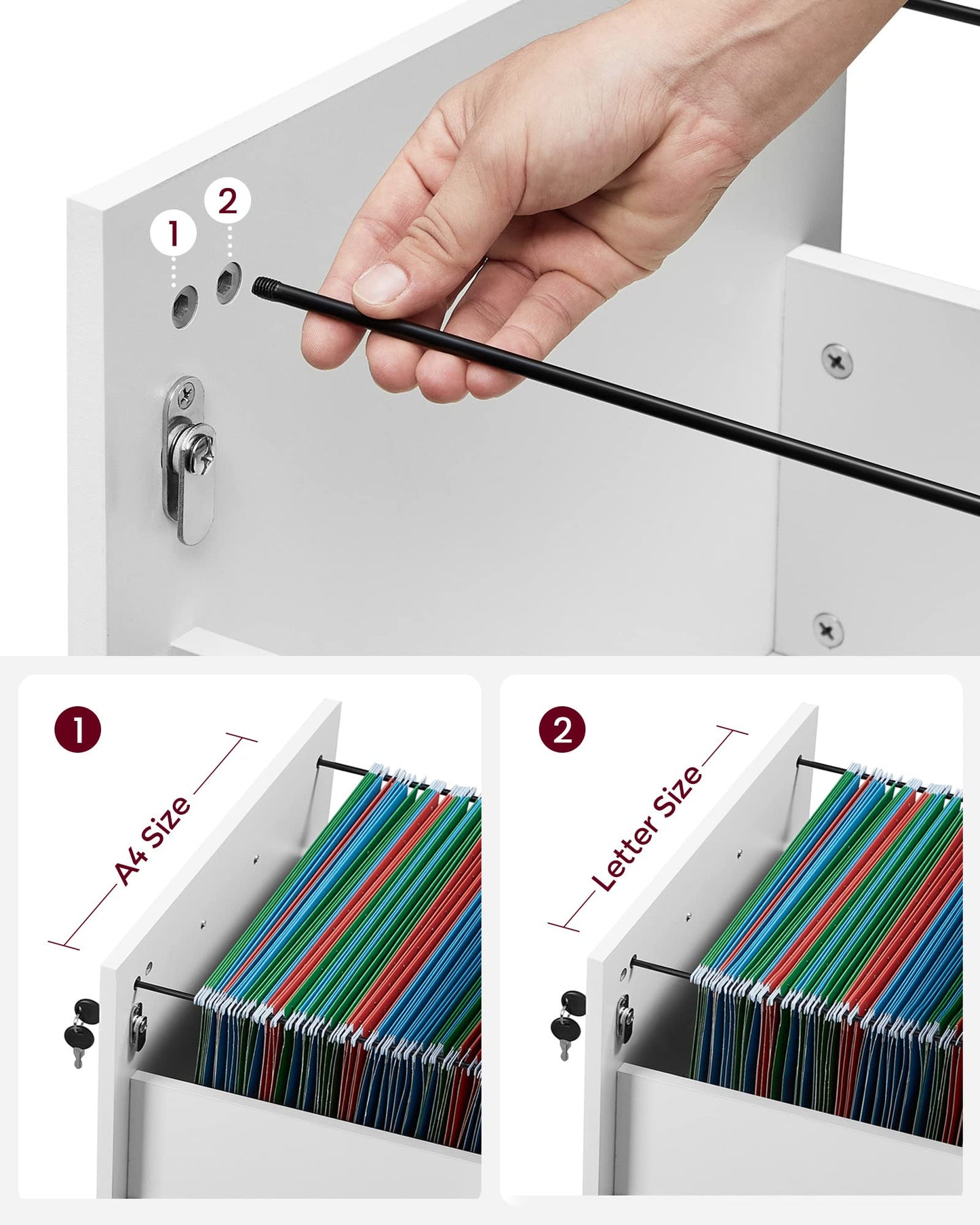 VASAGLE Rollcontainer, abschließbar, Aktenschrank mit 2 Schubladen, 5 Rollen und Verstellbarer Hängeregistratur, strukturierte Oberfläche, für Dokumente im A4- und Letter-Format, weiß LCD22WV1