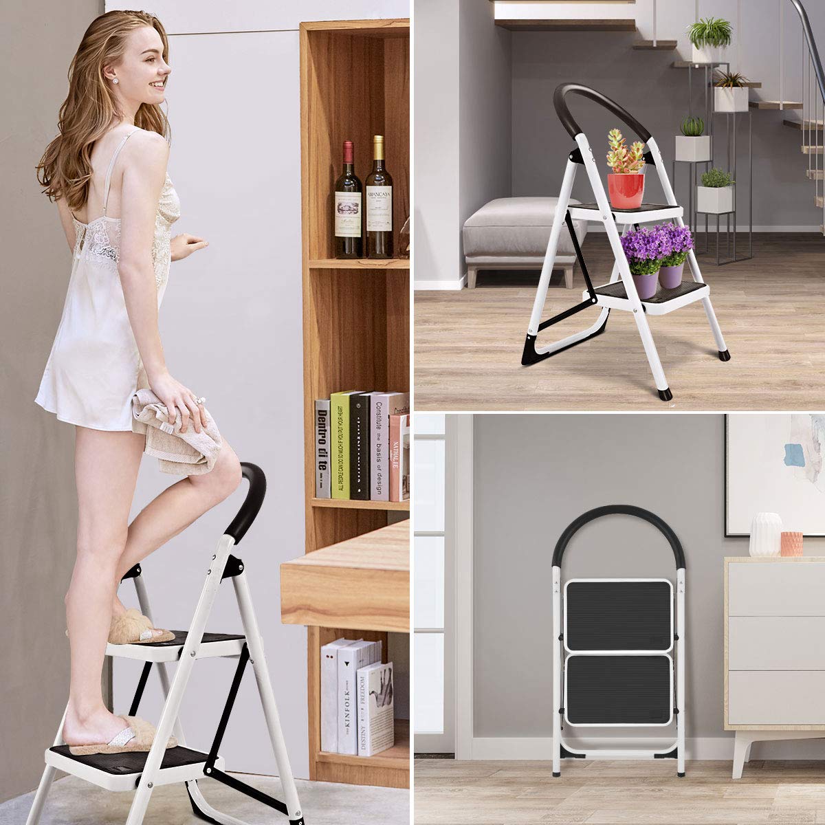 DREAMADE Trittleiter mit 2 Stufen, Klapptrittleiter Klapptreppe Stufenleiter mit Antirutsch-Matte, Klappsicherung Klapptritt aus Eisen mit Beschichtung