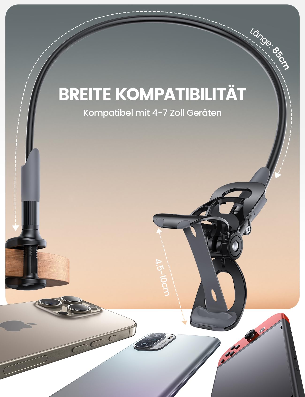 Lamicall Handy Halter für Bett, Schwanenhals Handy Halterung - Flexible Lang Arm Handy Ständer für iPhone 16 15 14 Pro Max Plus, SE, 13 12 Pro Max Mini, 11, X XS, Samsung S24 S23, 4-7 Zoll Smartphone